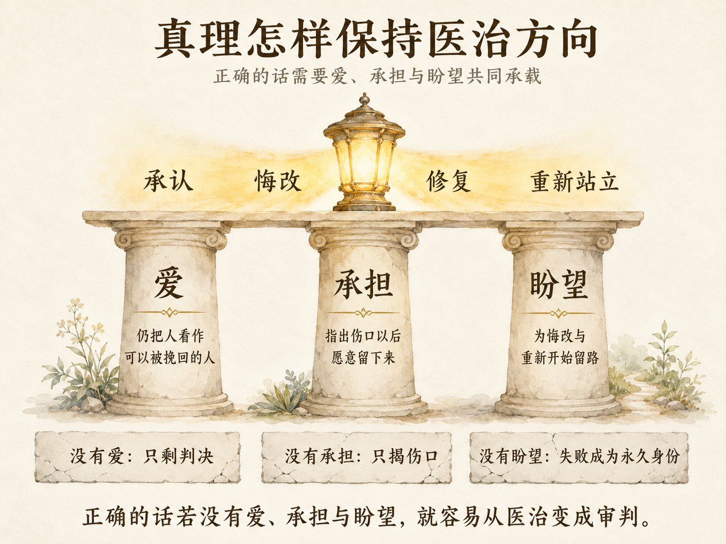 一张三柱承重式淡彩中文概念图,爱、承担与盼望三根石柱共同托起一盏温暖的灯,灯光照向承认、悔改、修复和重新站立;三根支柱下方分别写有没有爱只剩判决、没有承担只揭伤口、没有盼望使失败成为永久身份。