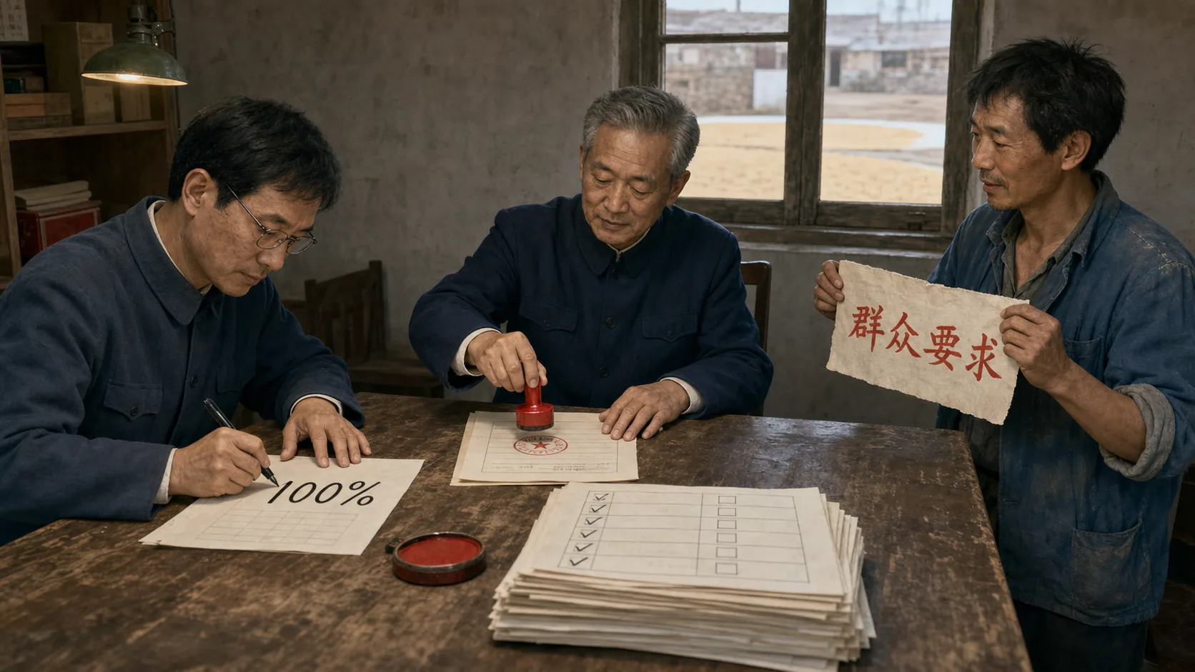 村委会长桌上铺着一叠全部勾选支持的调查表，大明在汇总纸上写下醒目的“100%”，二狗举着一张红字结论，村长正在新粮仓批文上盖章
