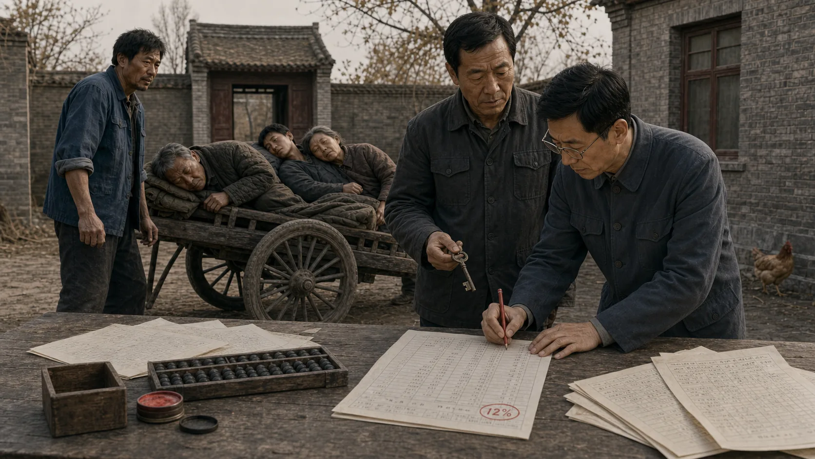 大明伏在长桌边为口粮报告补写一行,村长拿着粮仓钥匙站在一旁,二狗守在载有三人的板车旁。