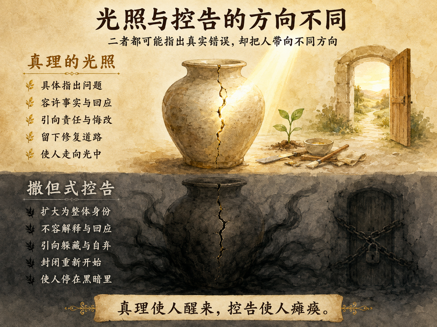 一张上下对照式淡彩中文概念图,上半部以暖光照亮带裂痕的陶器、修补工具、幼芽和敞开的门,列出具体指出问题、容许事实与回应、引向责任与悔改、留下修复道路和使人走向光中;下半部以黑暗包围破裂陶器和锁住的门,列出扩大为整体身份、不容解释与回应、引向躲藏与自弃、封闭重新开始和使人停在黑暗里。