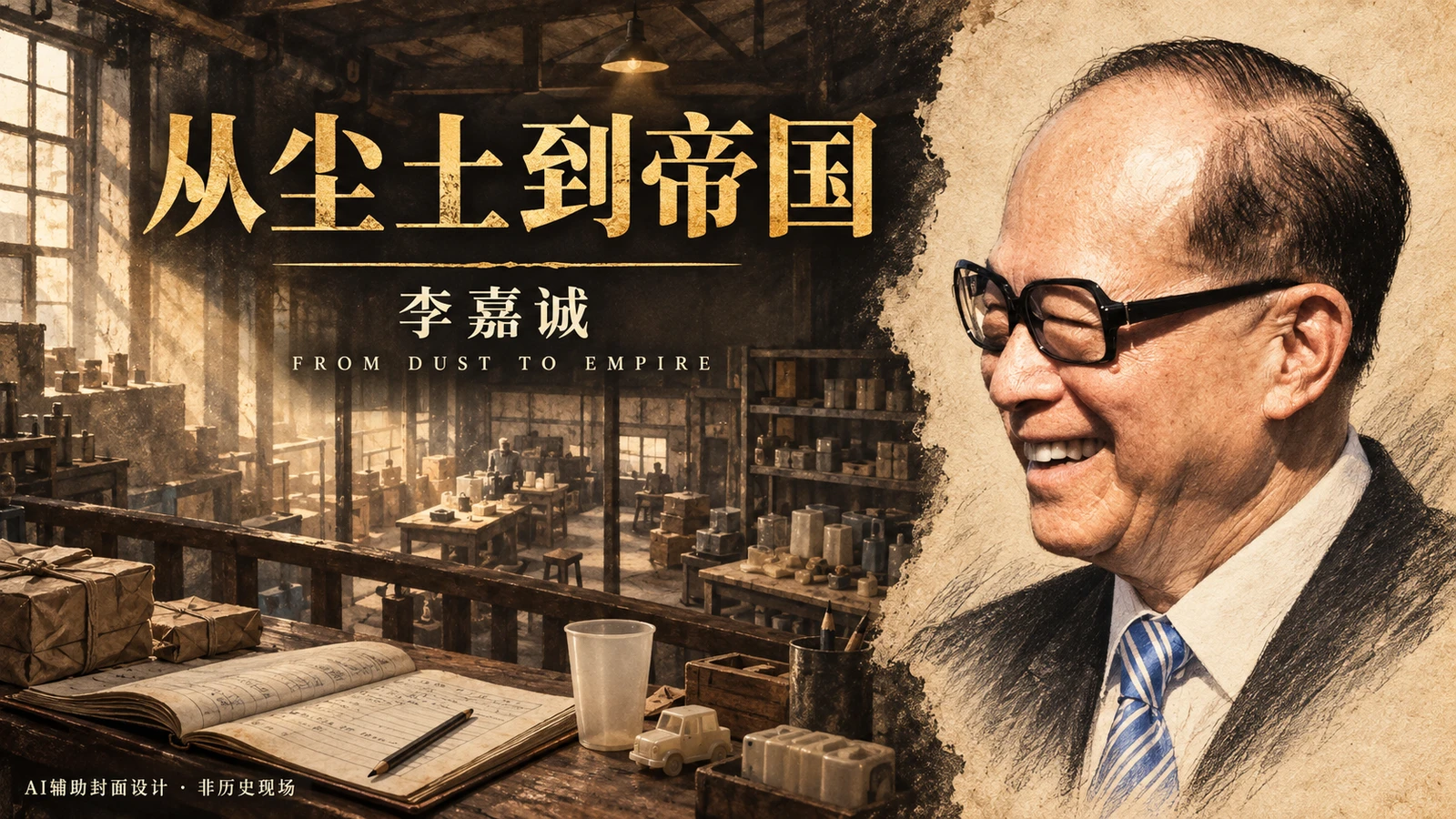 金色系列名和李嘉诚姓名置于小厂空间前，账本与日用品在前景，右侧为戴眼镜微笑的李嘉诚插画肖像。