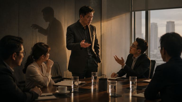 一名领导者站在公司会议室中与提出不同意见的员工交谈，其他同事围坐旁观；领导者身后的墙面投下如操纵提线木偶般的巨大影子，象征一个人的真实生命与权力姿态会拆解他口中宣讲的开放和自由。
