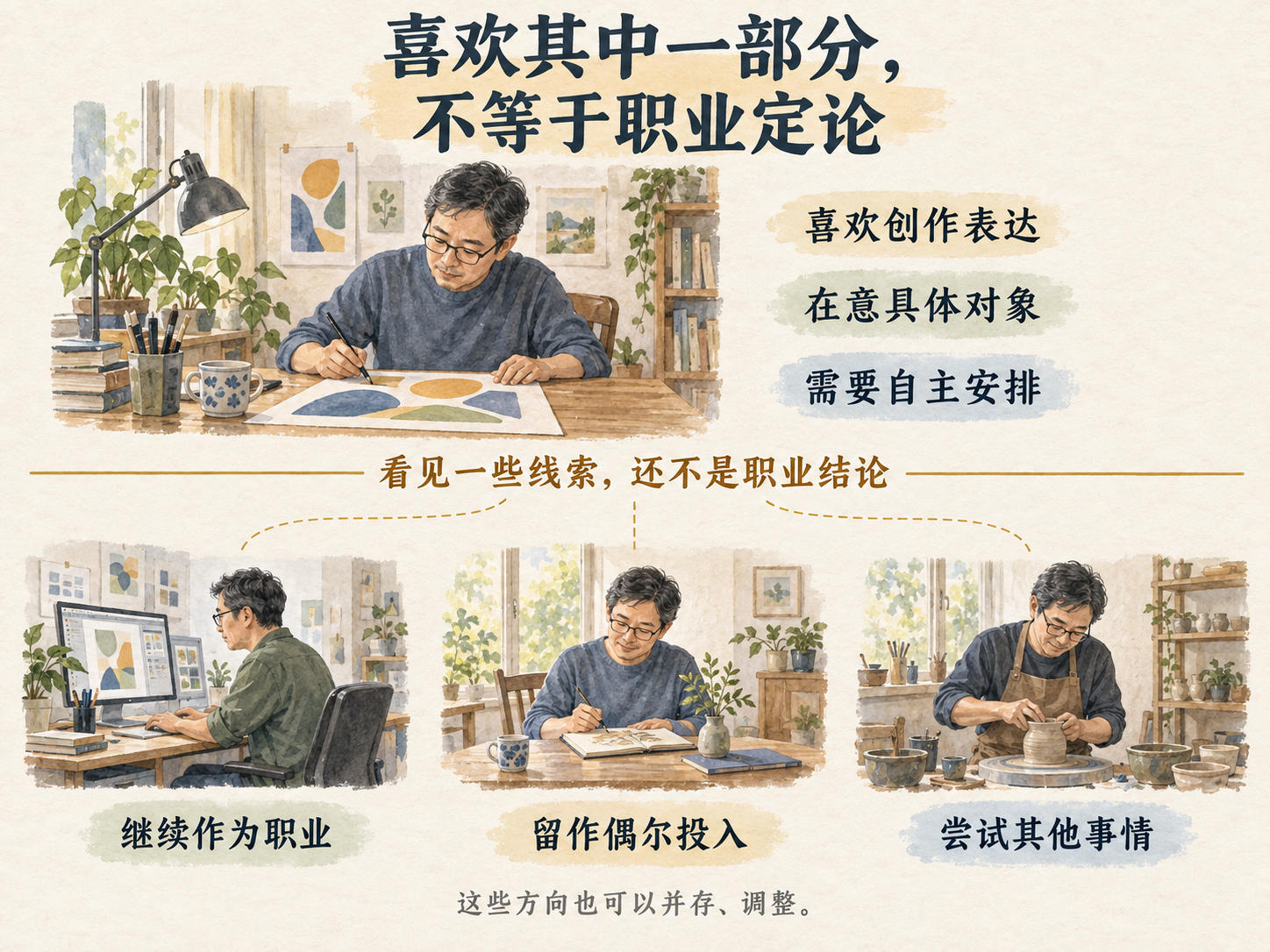 上方男子制作海报，旁列“喜欢创作表达”“在意具体对象”“需要自主安排”；下方以同等大小的三幅小景并列“继续作为职业”“留作偶尔投入”“尝试其他事情”，底部注明这些方向可以并存、调整。