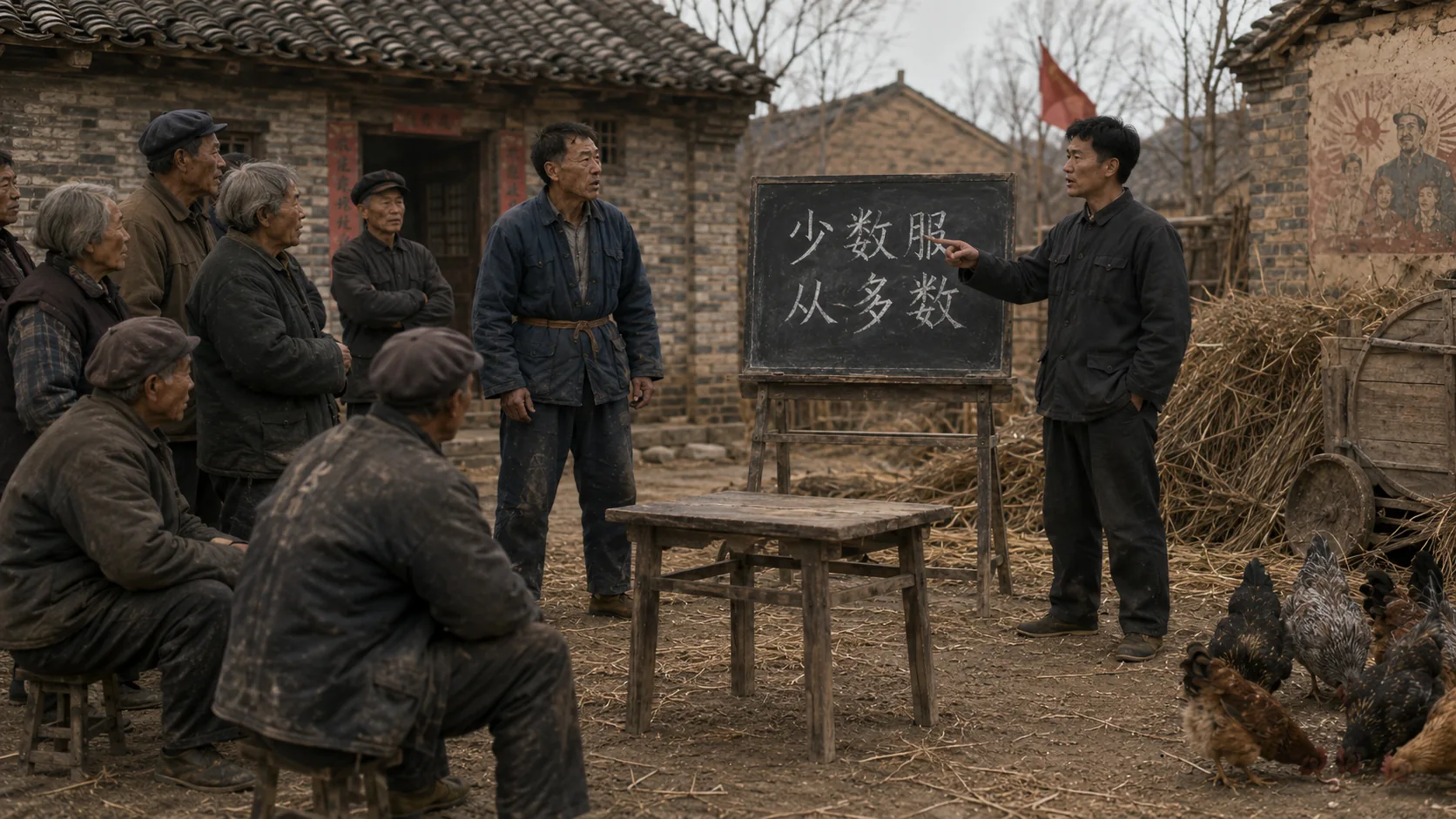 大明站在写有“少数服从多数”的小黑板旁向二狗发问,二狗神情一顿,几位村民在晒谷场边安静旁听