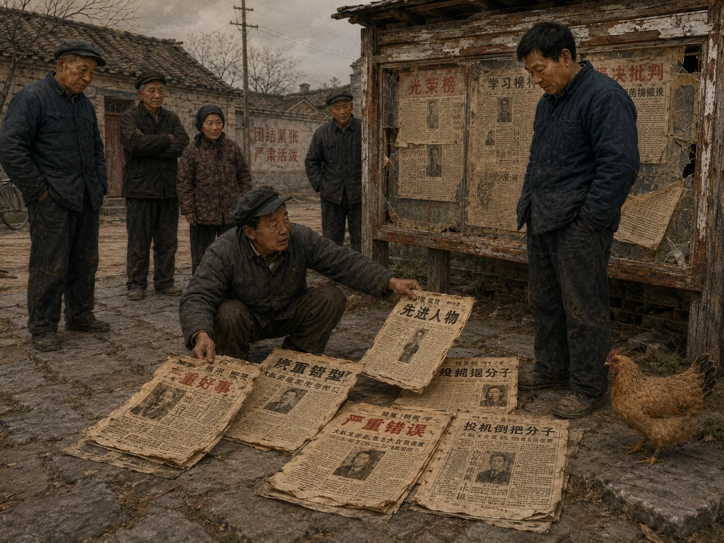 大明在村口阅报栏前摊开一张张旧报纸，纸上同一人物在不同年份被表扬或批判，二狗低头查看