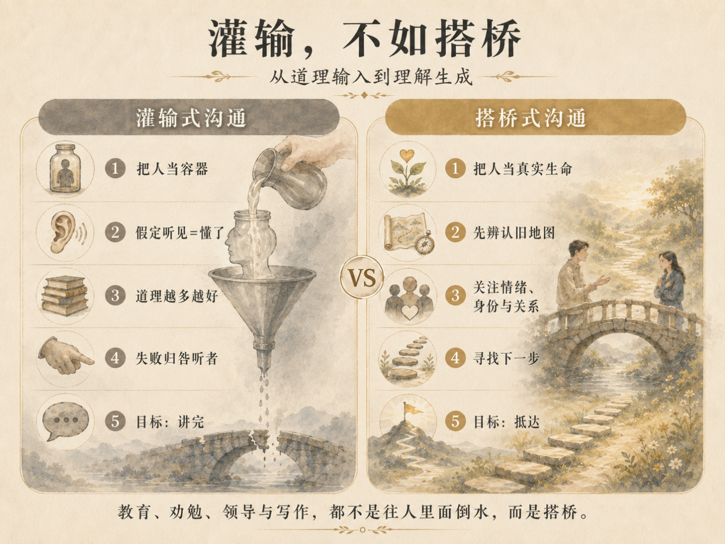 左右对照图，左侧以漏斗和破桥表现把人当容器的灌输式沟通，右侧以石桥和道路表现重视旧经验、情绪、身份与关系的搭桥式沟通。