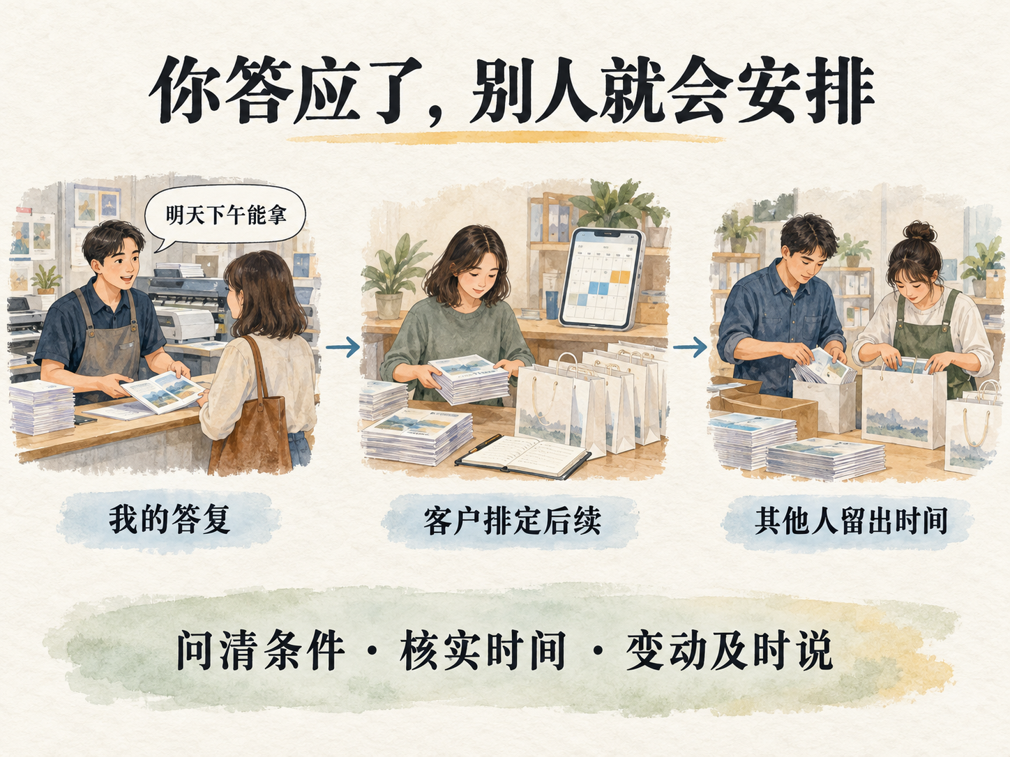 三个小景由向右箭头连接：店员答复“明天下午能拿”，客户排定后续，两位帮忙者留出时间分装资料；下方提示“问清条件·核实时间·变动及时说”。