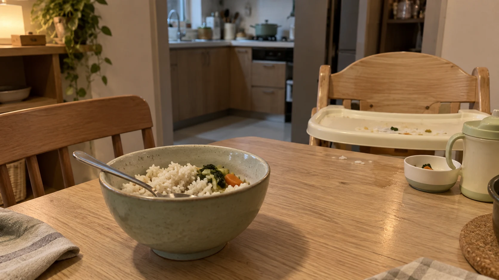木餐桌前景放着盛有米饭和少量蔬菜的灰绿色陶瓷碗，勺子搭在碗内，后方是一把空着的儿童餐椅和亮着灯的厨房