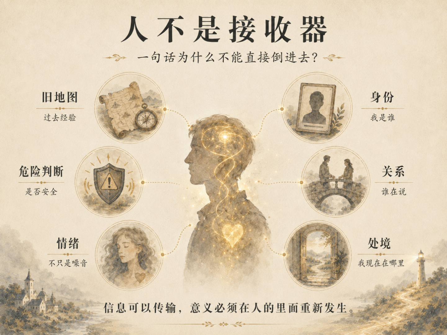 以人体侧面轮廓为中心的概念图，周围连接旧地图、危险判断、情绪、身份、关系和处境六个因素，说明人会根据自身经验重新理解话语。