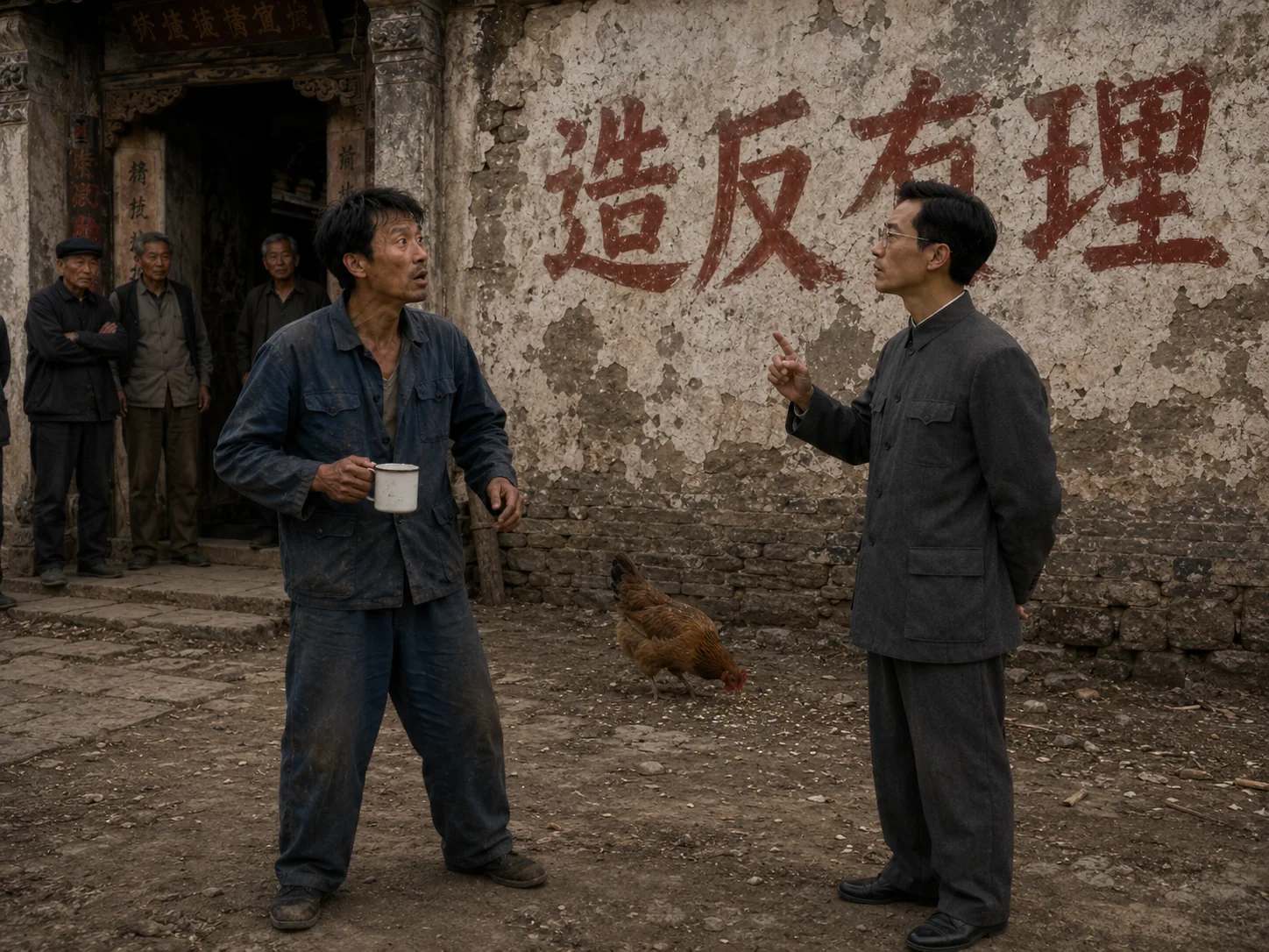 大明站在旧标语墙前向二狗发问，二狗手拿搪瓷缸神情一怔，墙脚的土鸡仍在低头啄谷壳
