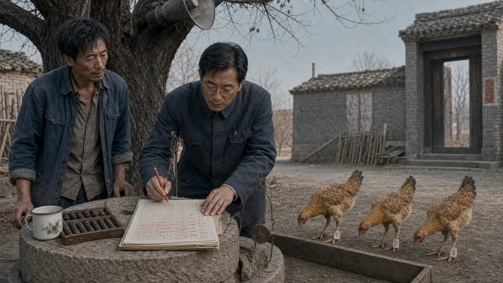 大明在磨盘旁修改鸡只体重记录表,三只系着编号纸条的消瘦村鸡站在空食槽边,二狗低头看着被划去的记录。