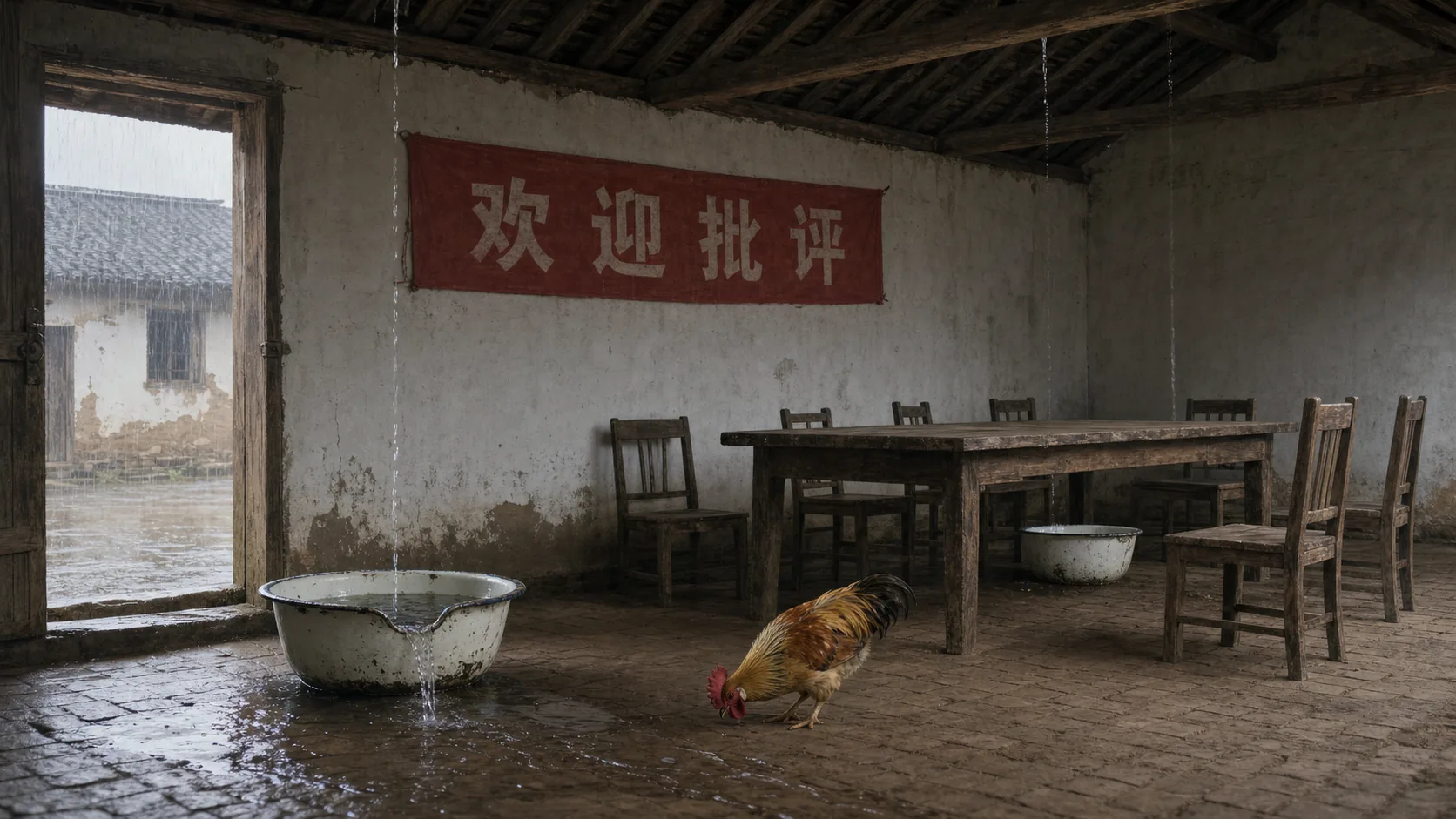 空下来的议事屋里，漏水从屋顶落进已经漫出水的搪瓷盆，黄褐色公鸡低头啄着地面水迹，红布横幅仍挂在白墙上