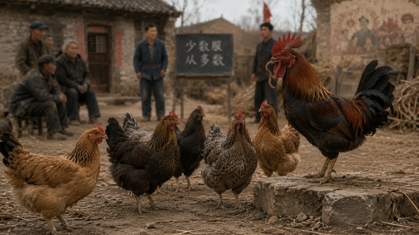 几只鸡围着地上的一条虫,红冠大公鸡站在石头上像在主持表决,随后叼走虫子吞下,黄褐色土鸡站在一旁空望着地面