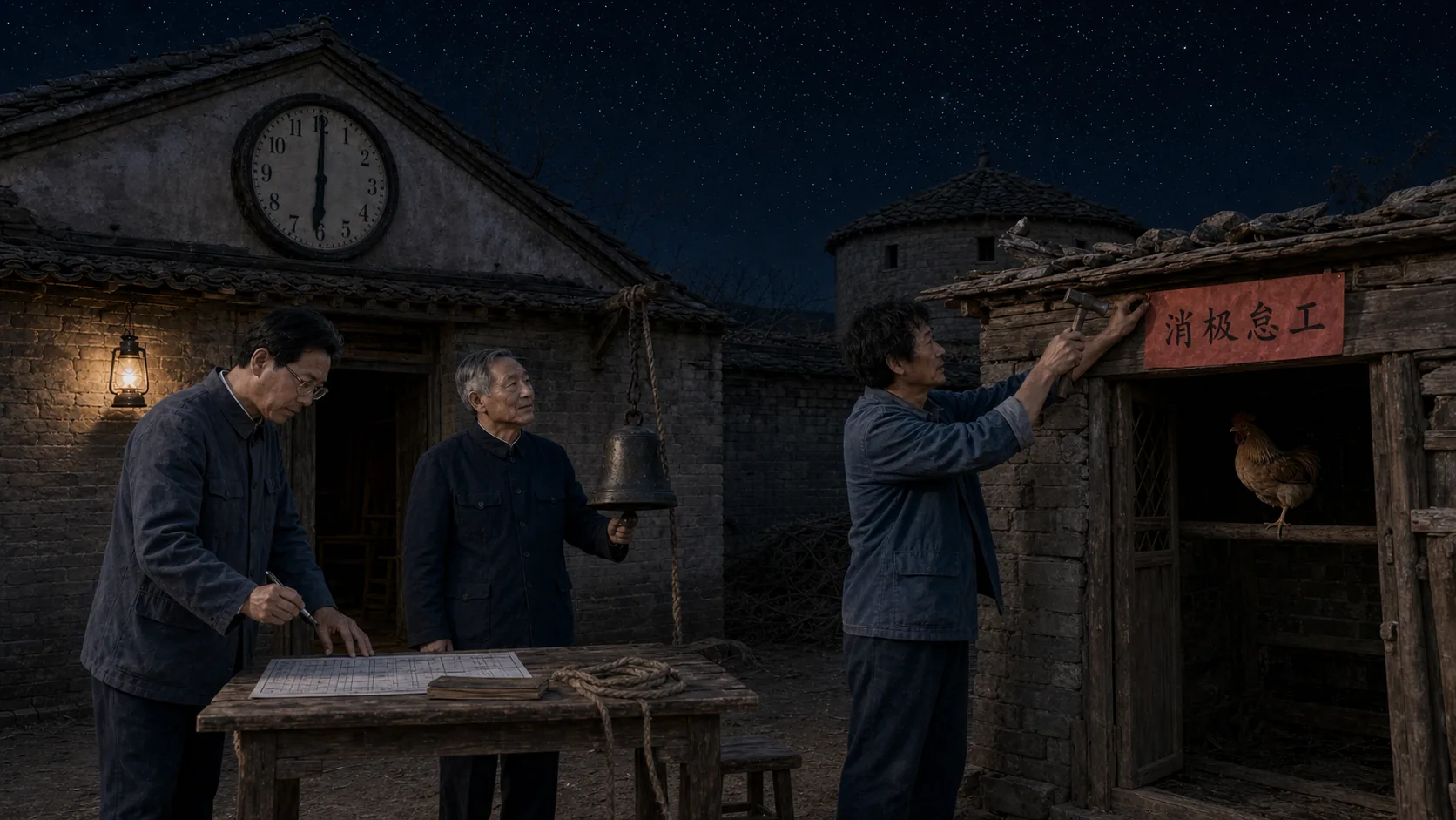 星空仍亮的村口，挂钟指向六点，二狗把写有“消极怠工”的红色批评纸钉到鸡窝门框上，大明在记录表上落笔，村长站在出工铃旁，黄褐色公鸡已经跳回横木并闭着嘴