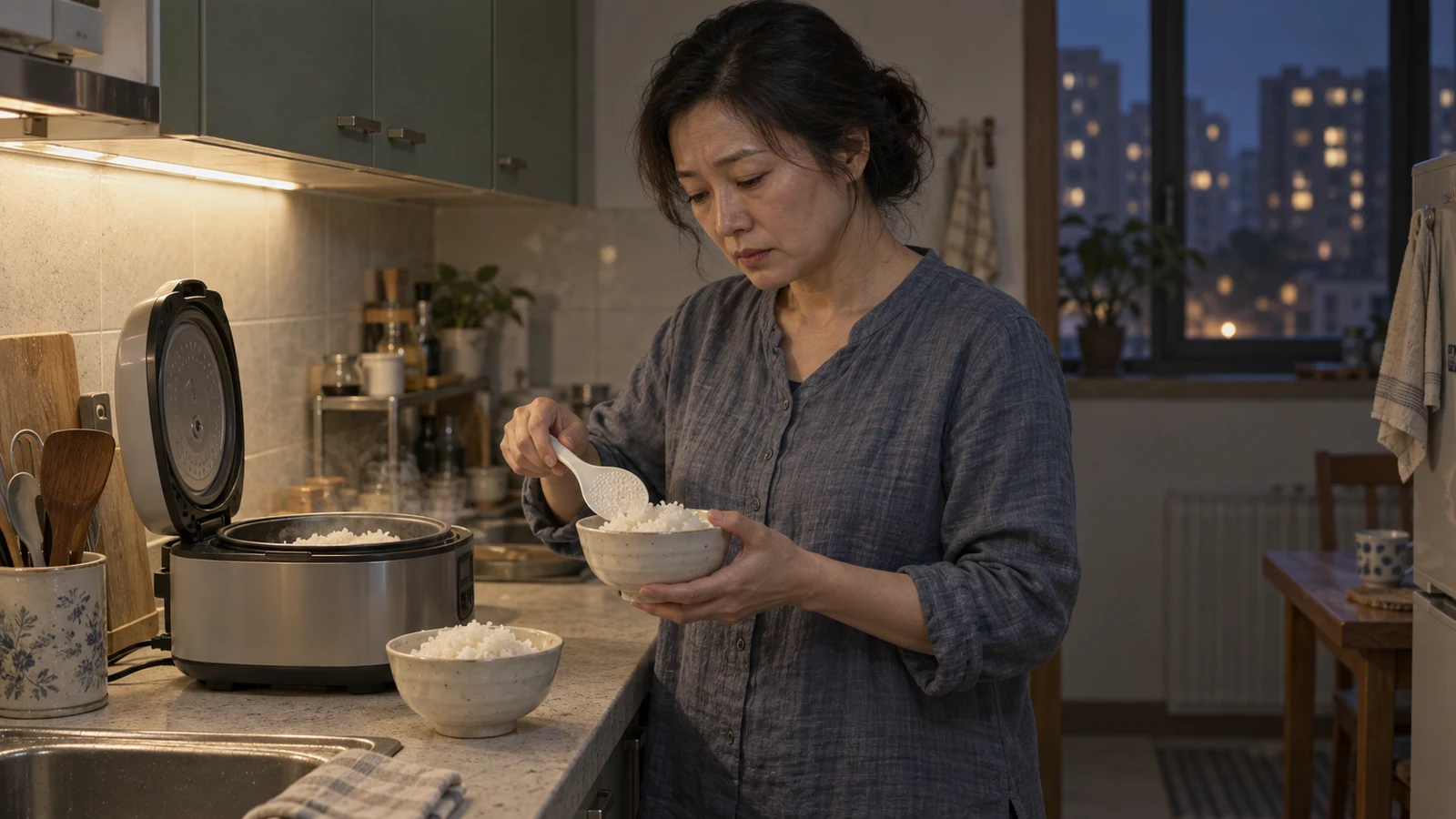 傍晚的厨房里，穿灰蓝上衣的唐敏一手托着饭碗，一手握饭勺，低头停住动作；台面上另有一碗盛好的米饭，电饭煲开着盖。