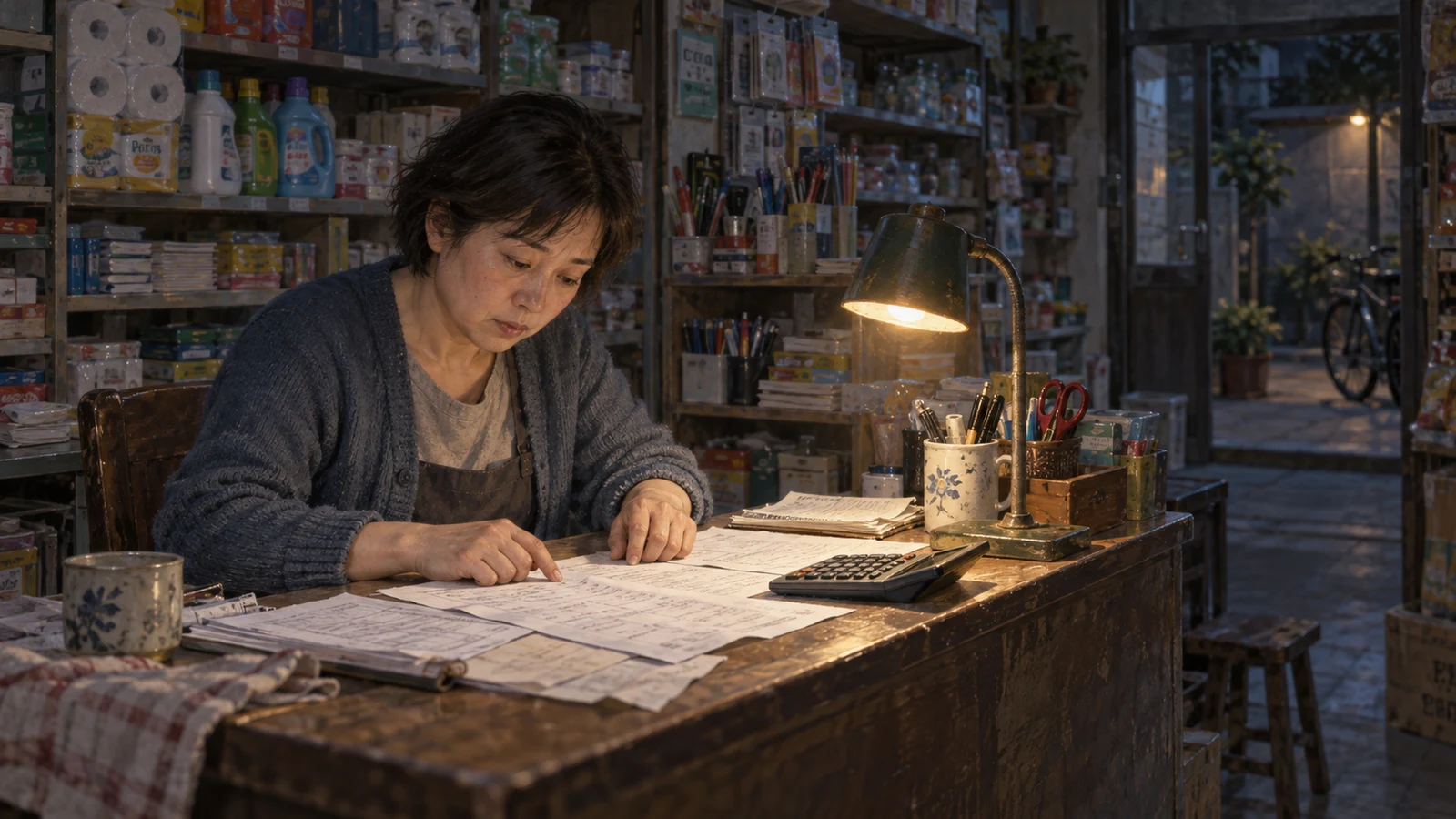 短发的许宁穿灰蓝开衫坐在小店木柜台前，低头用手指对着账纸，台灯照亮纸张和计算器，身后货架摆着日用品。