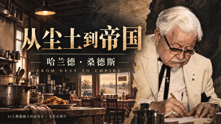黑金色系列封面：左侧是锅具、餐桌与临路餐馆，右侧为参照晚年肖像绘制的桑德斯，俯身书写。