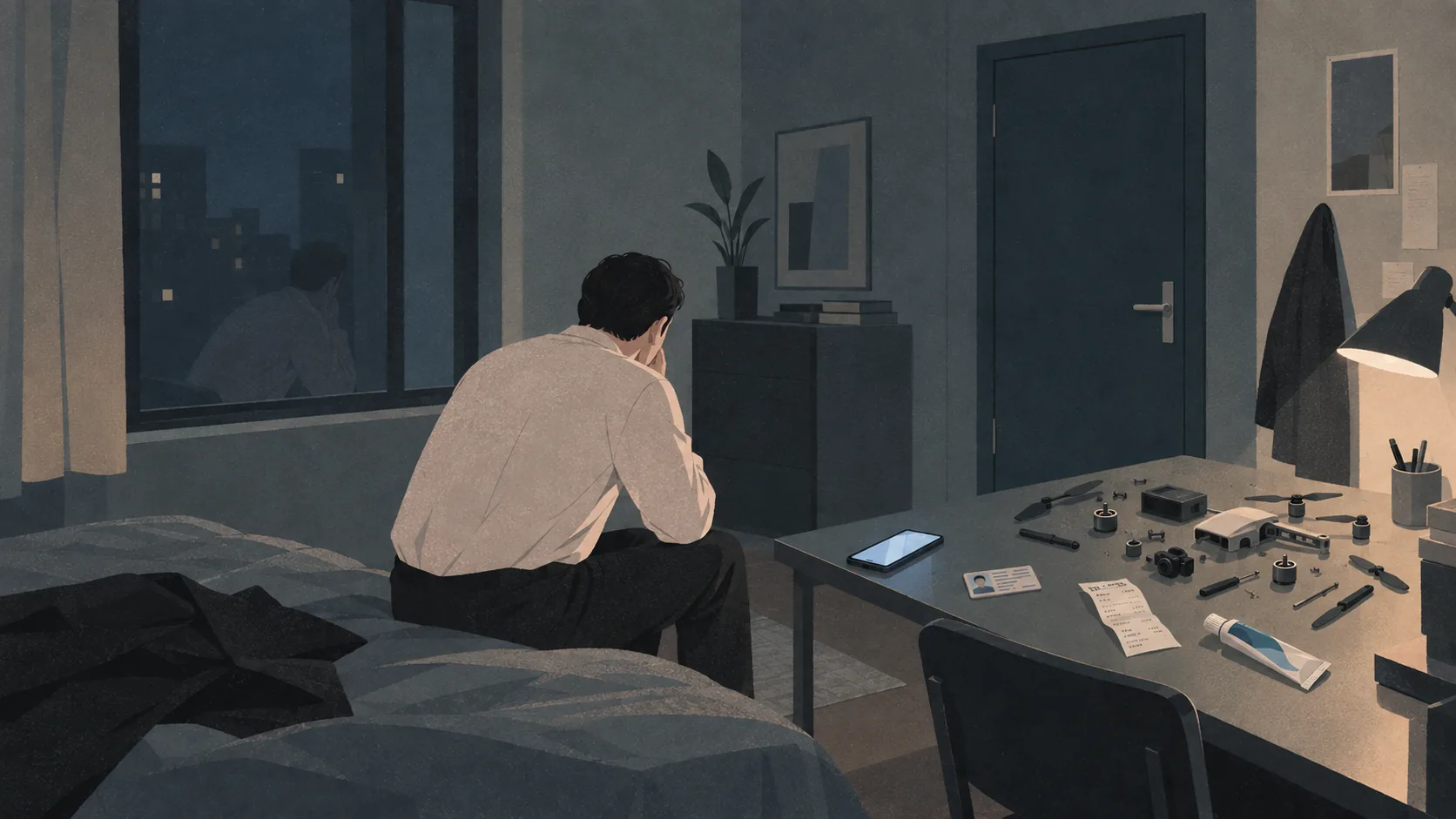 深夜房间里，一个男人独自坐在床边，桌上放着手机、证件和无人机零件，窗中映出他的身影