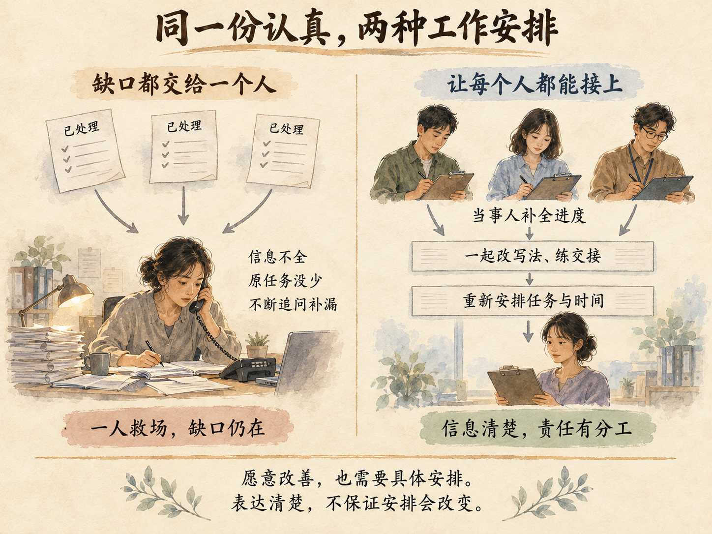左右对照概念图:左侧三张写着已处理的表格汇向一名打电话补漏的员工,注明信息不全、原任务没少、不断追问补漏;右侧三人各自填写进度,经过共同改写法和重新安排任务时间后,将信息交给接班者。