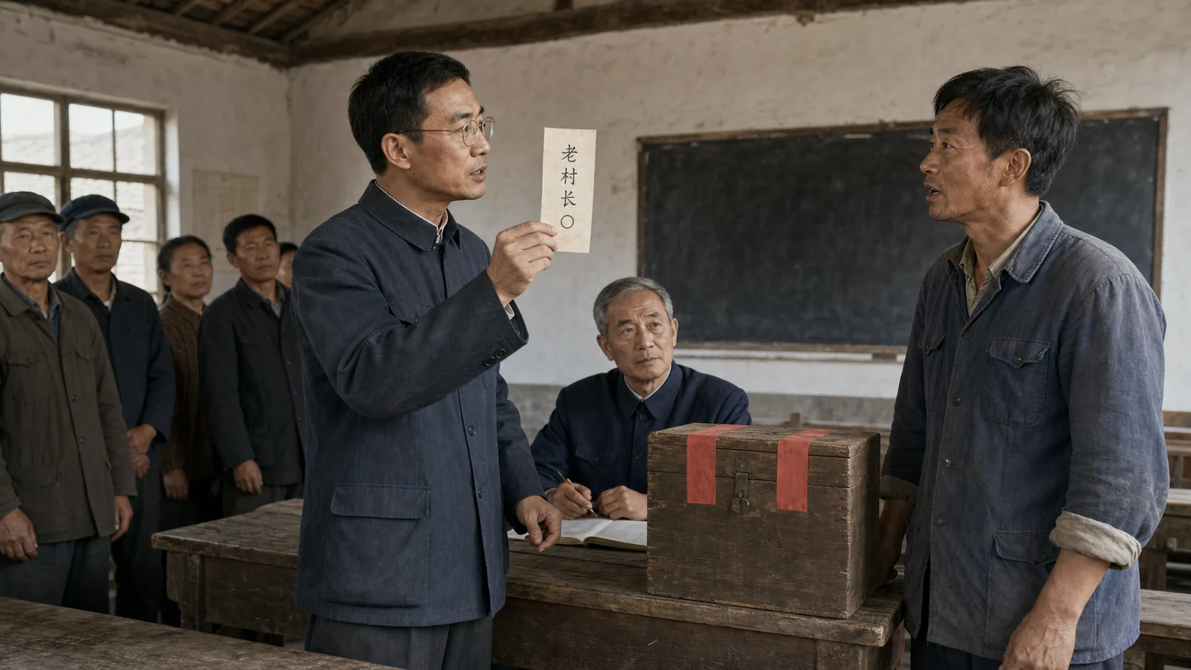 大明举起一张只印有老村长姓名和一个空圆框的选票询问,二狗站在封着红纸的木票箱旁回答,老村长坐在长桌后,等候投票的村民排在屋内