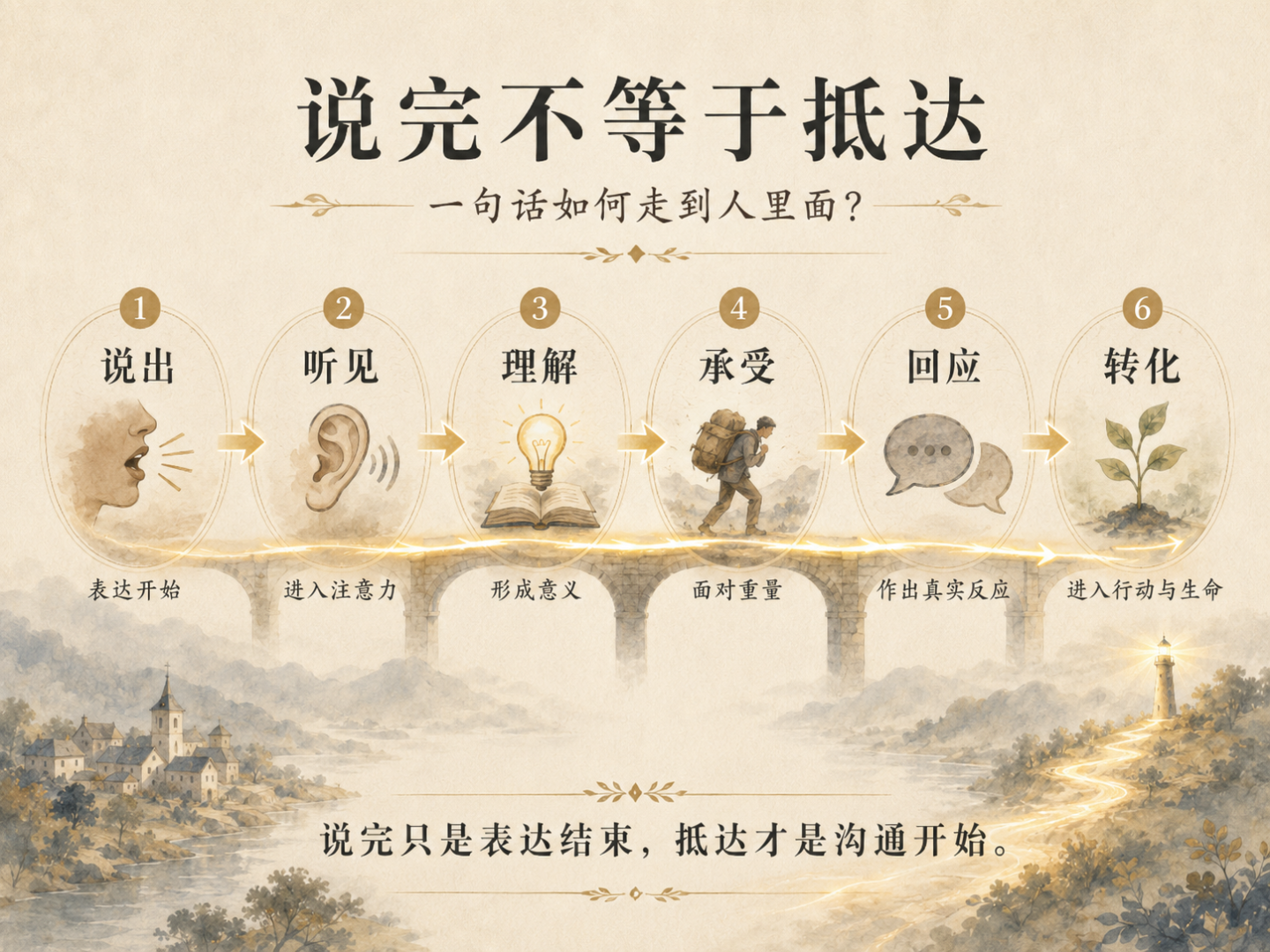 沟通流程图，依次显示说出、听见、理解、承受、回应和转化六个阶段，并以道路和桥梁象征话语逐步抵达人。