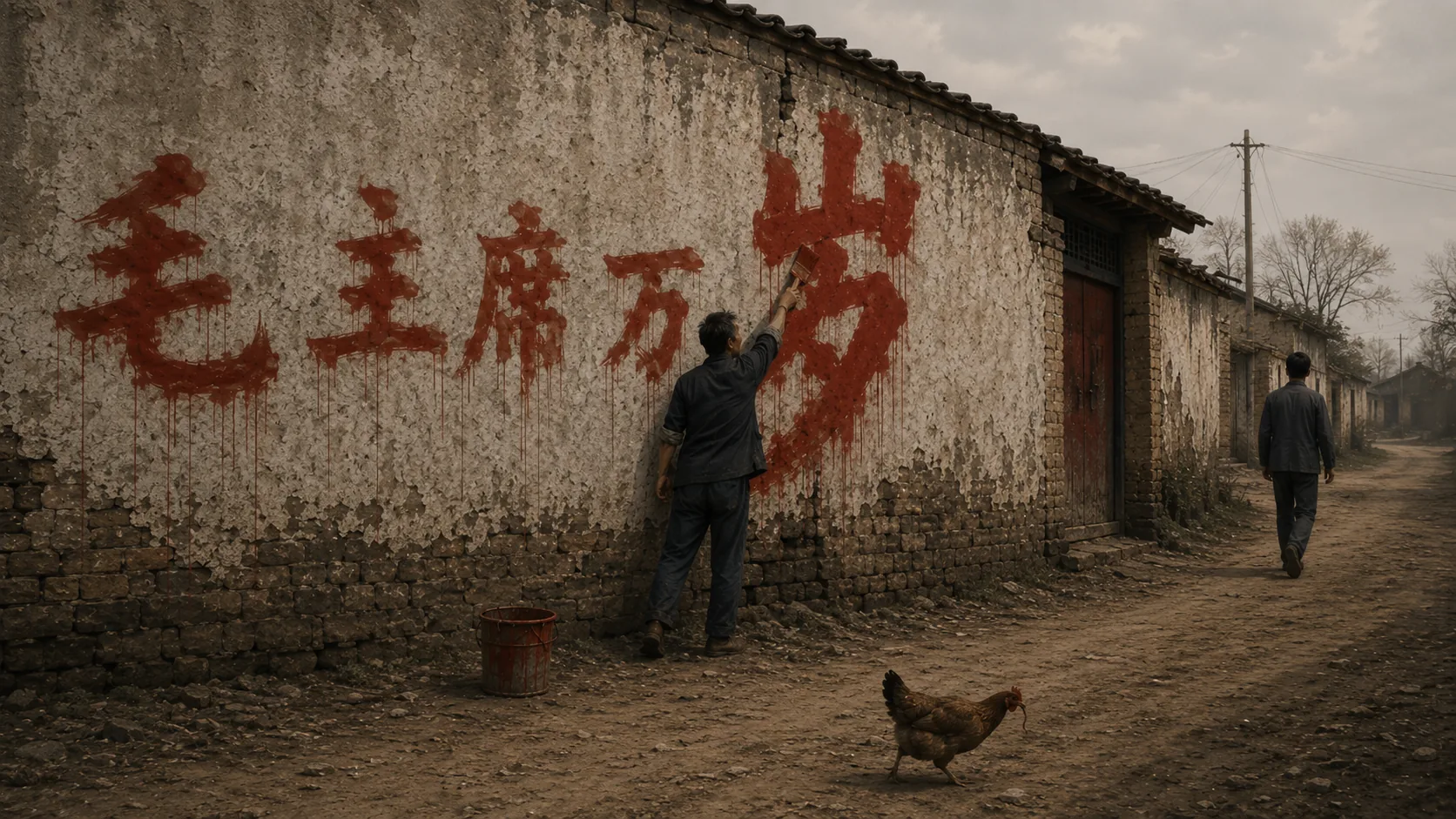 二狗独自在开裂的村墙上补写巨大的最后一个红字，大明沿村路走远，母鸡叼着蚯蚓离开