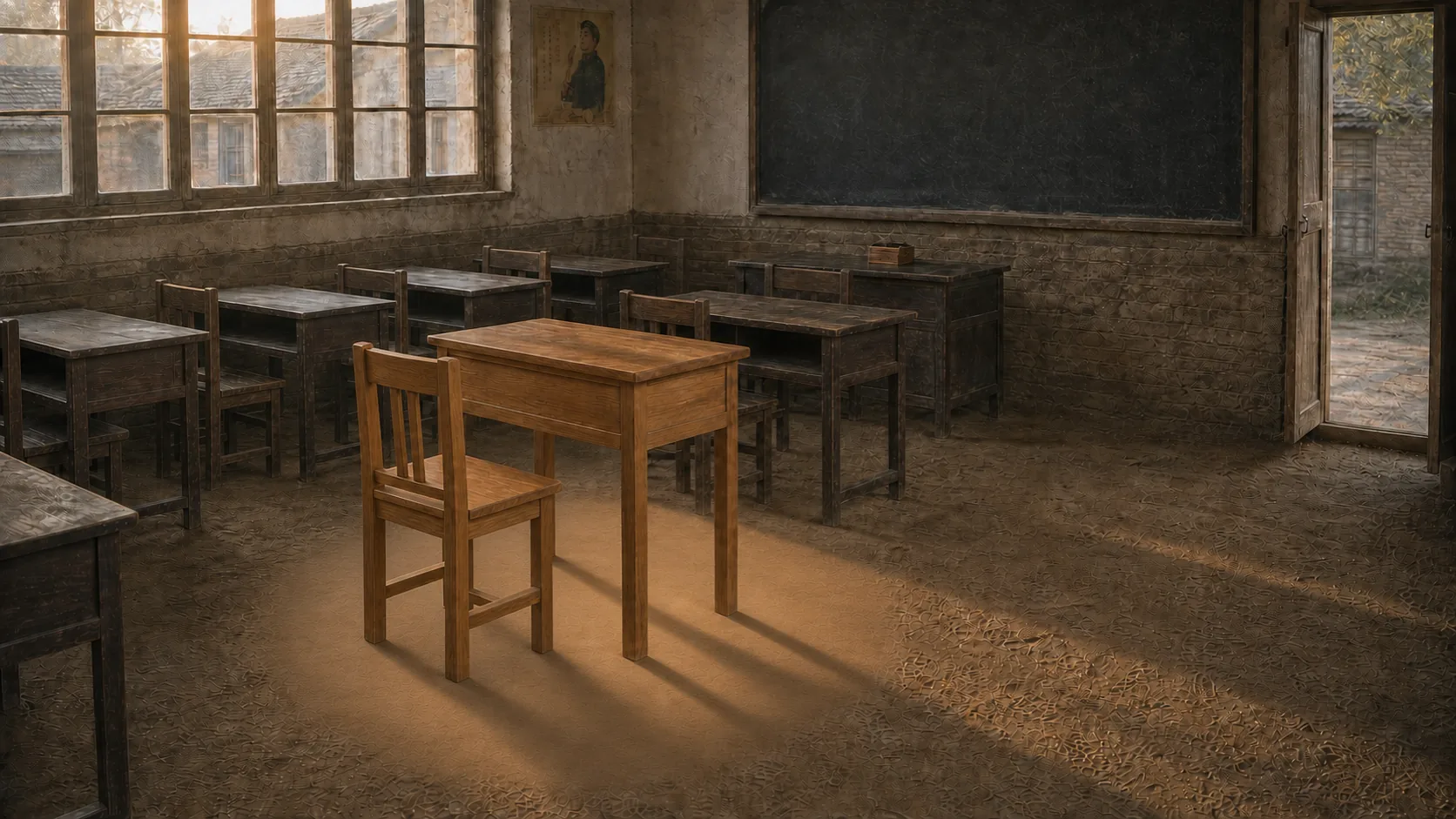 放学后的村小学教室里空无一人，夕阳照过整齐的新课桌和黄土地面，前后课桌下散着鞋印，第一排靠窗的小课桌下仍是一片平整的土