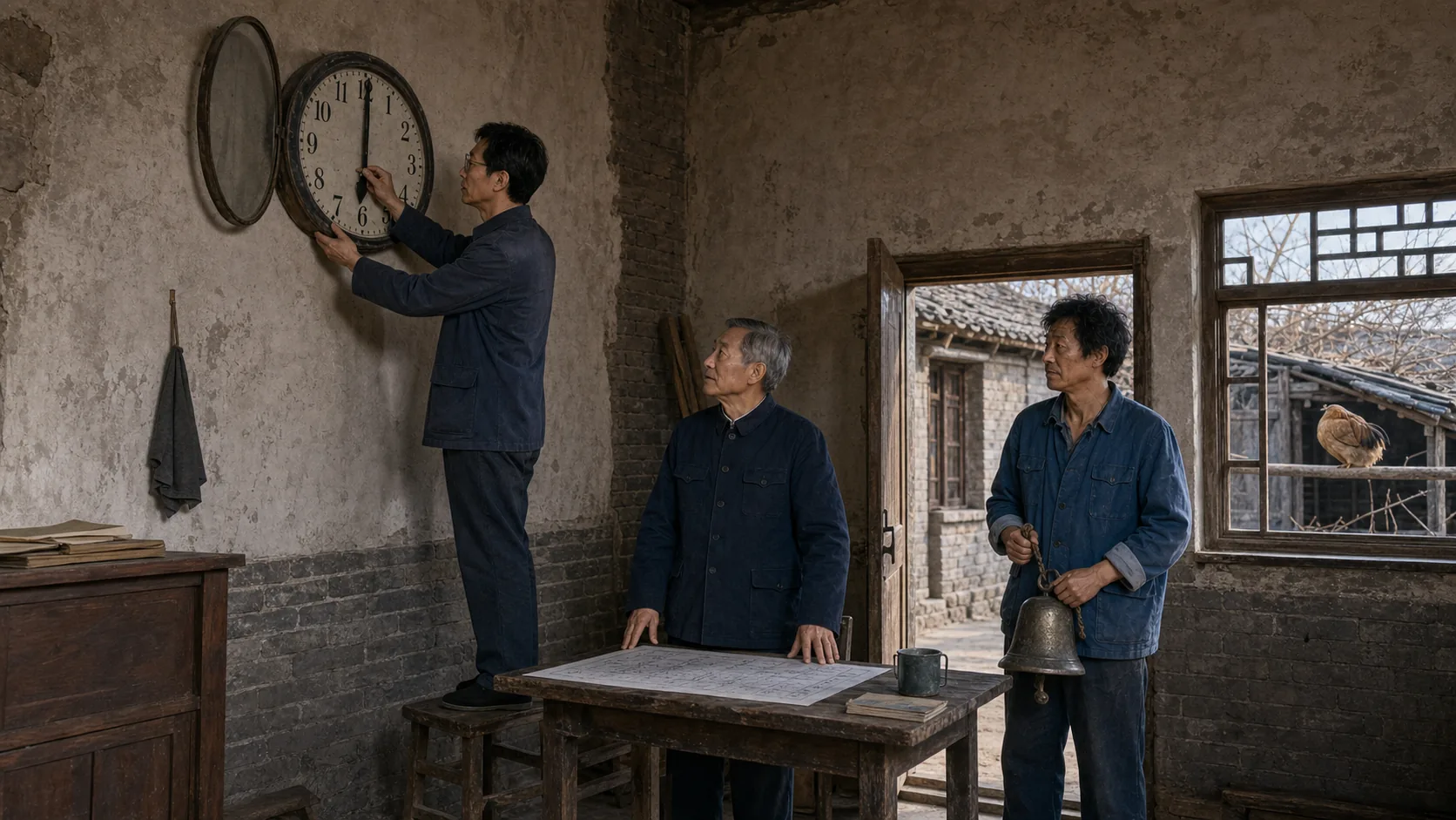 村委会屋内，大明打开旧挂钟把时针向前拨动两格，村长按住新的出工作息表，二狗拿着铁铃等在门边，窗外鸡窝里的黄褐色公鸡仍把头藏在翅膀下