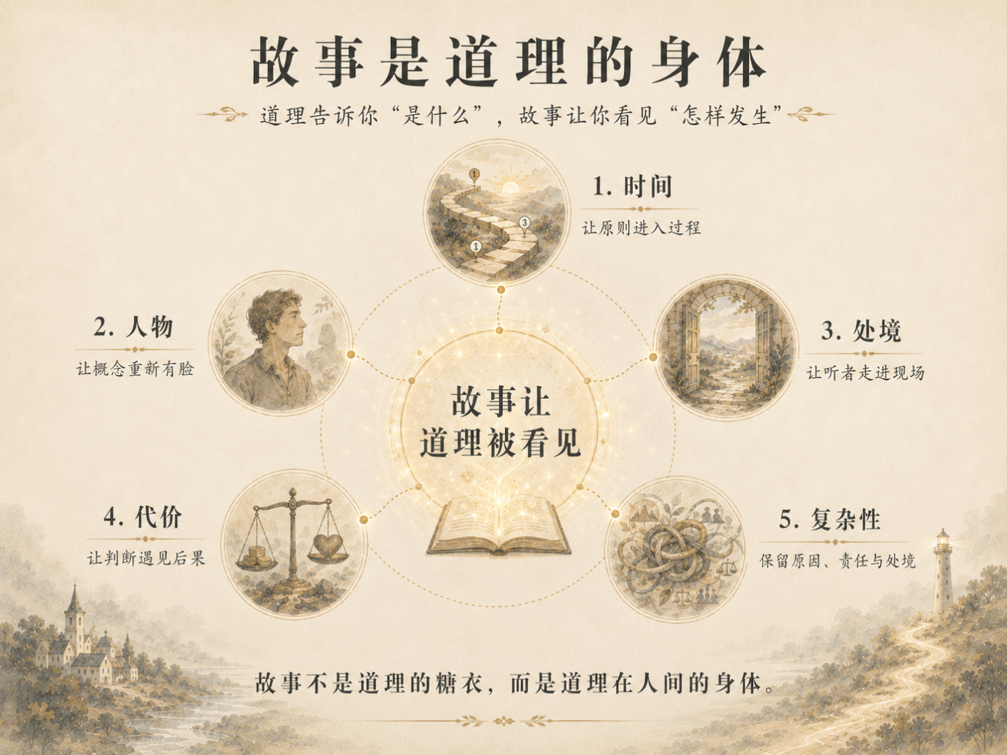 一张浅米色的中文概念图，标题为“故事是道理的身体”，中心写着“故事让道理被看见”，周围连接五个要素：时间、人物、处境、代价、复杂性，并配有相应的手绘象征插画。