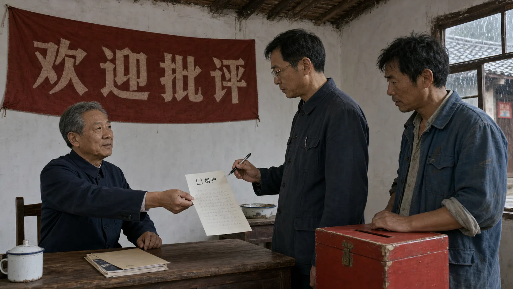 村长把顶端带有拥护勾选项的意见表递给大明，大明拿着笔没有落下，二狗站在红色意见箱旁，墙上挂着欢迎批评的红布