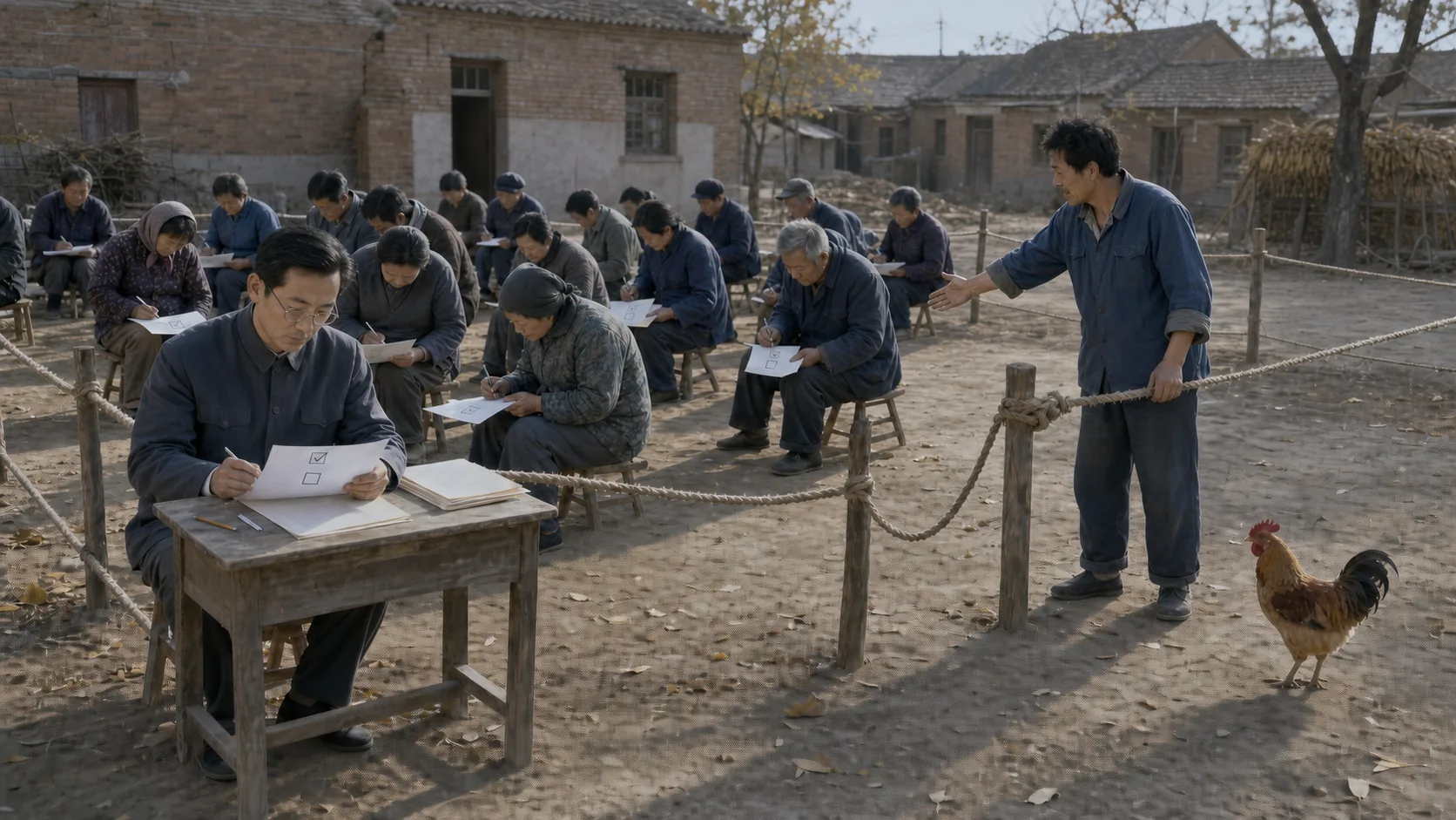 晒谷场上麻绳围出一块调查区，支持修粮仓的村民在绳内填写表格，大明坐在木桌后清点问卷，二狗守在绳口，黄褐色公鸡独自站在绳外