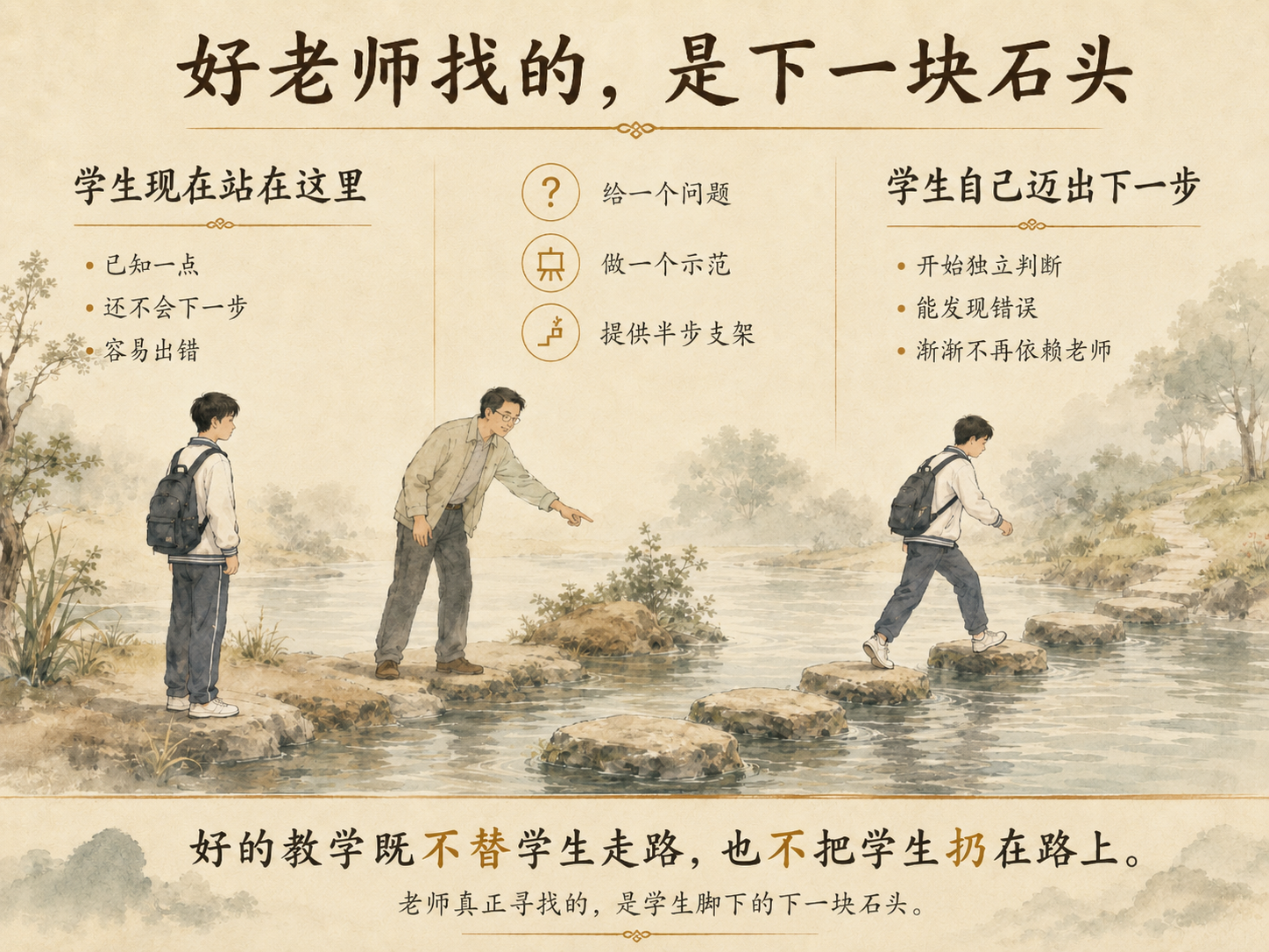 一张踏脚石过河式淡彩中文概念图，左侧学生站在河岸表示已经知道一点却还不会下一步，中间教师指向前方石头并以问题、示范和半步支架提供帮助，右侧学生独自踏过石头向前行走，表示开始独立判断、发现错误并逐渐减少对老师的依赖。