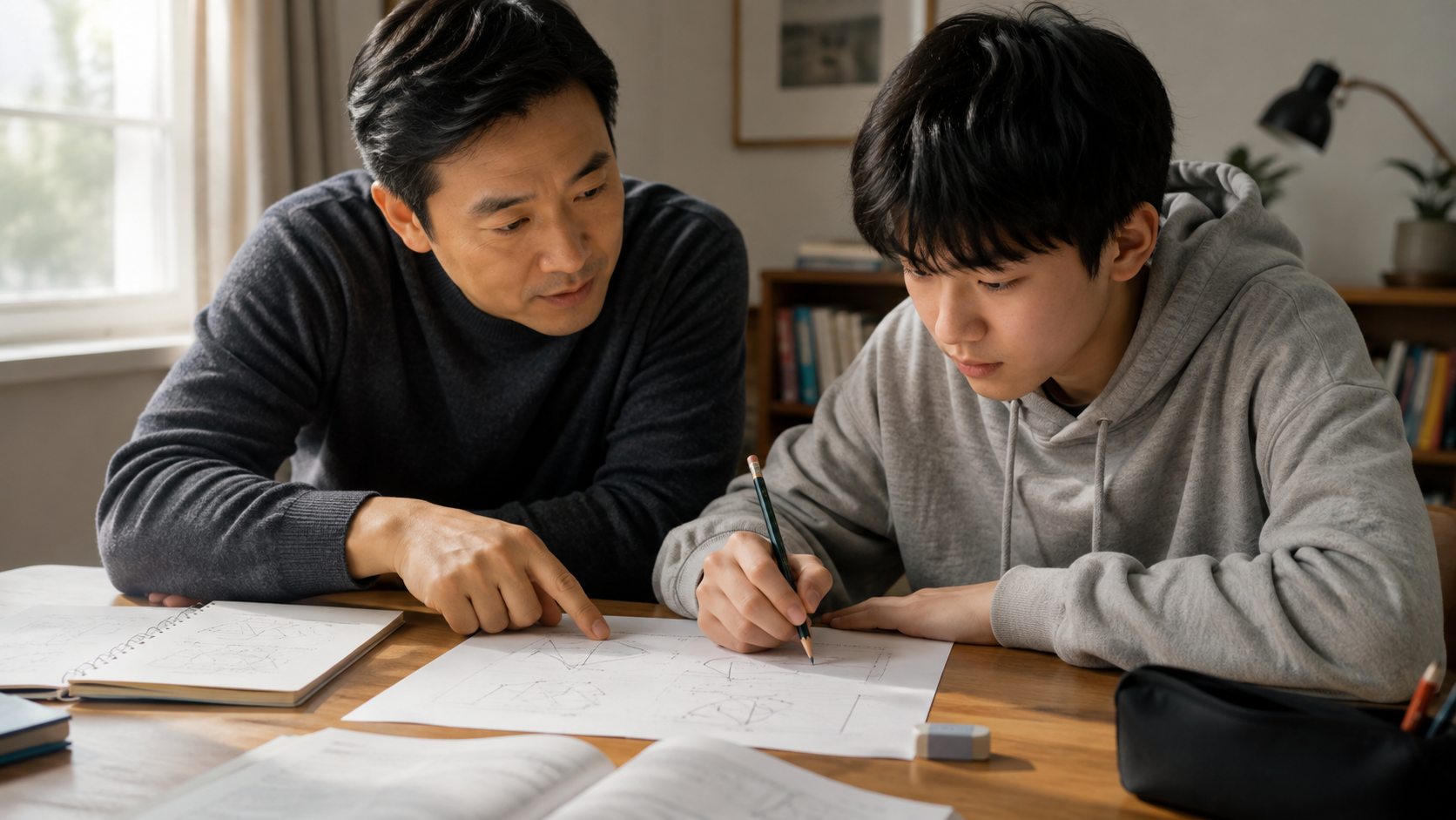 一位东亚成年男性教师坐在一名少年学生身旁，俯身指向桌上的几何草稿；学生手握铅笔专注思考并准备自己书写，桌面放有教材、练习纸、橡皮和文具，窗边自然光照亮安静的学习空间。