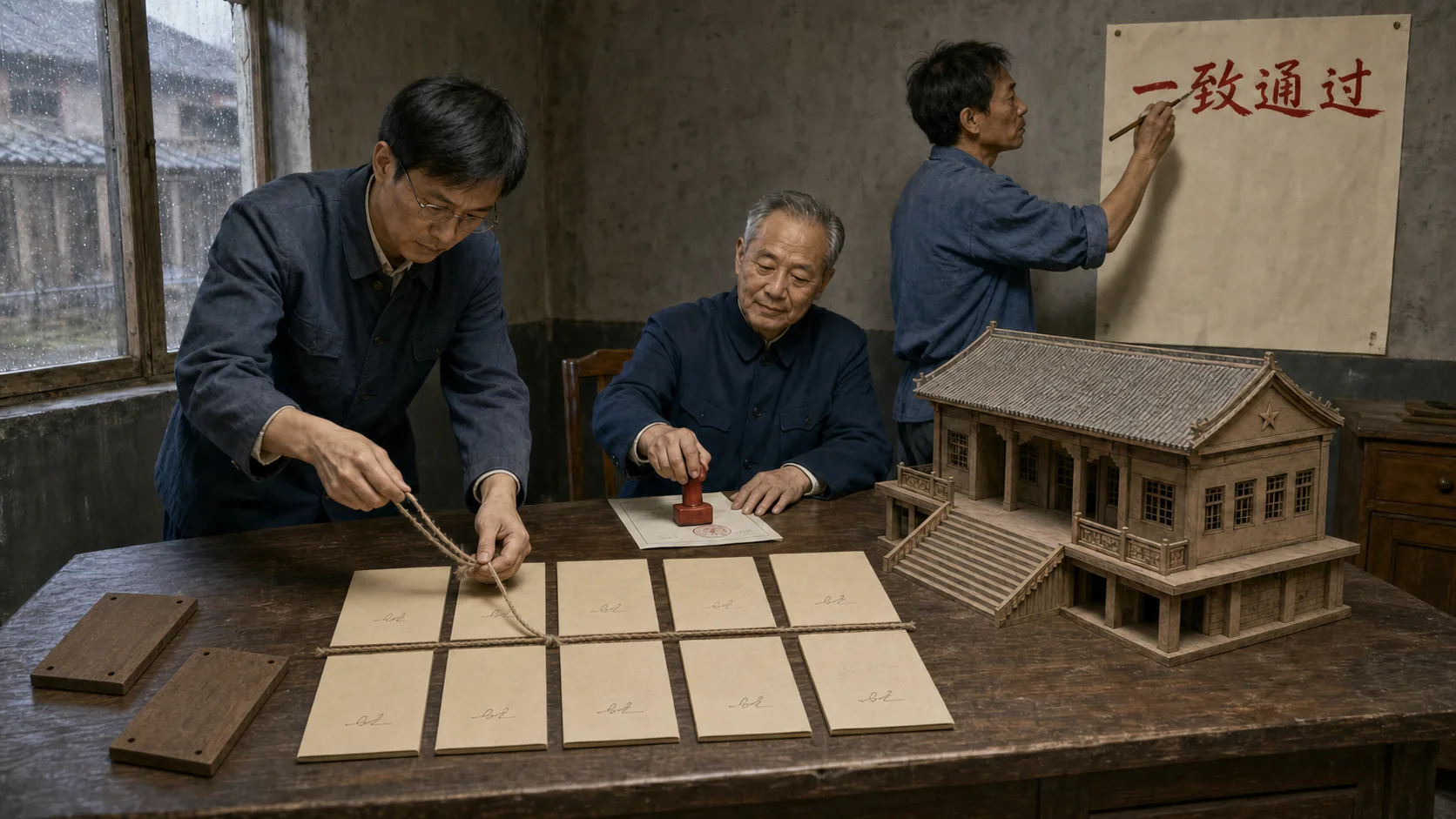 大礼堂模型旁整齐摆着十份签字的专家报告，大明正在捆扎报告，村长给开工文件盖章，二狗在告示顶端写下“一致通过”，两块翻扣的名牌留在桌角