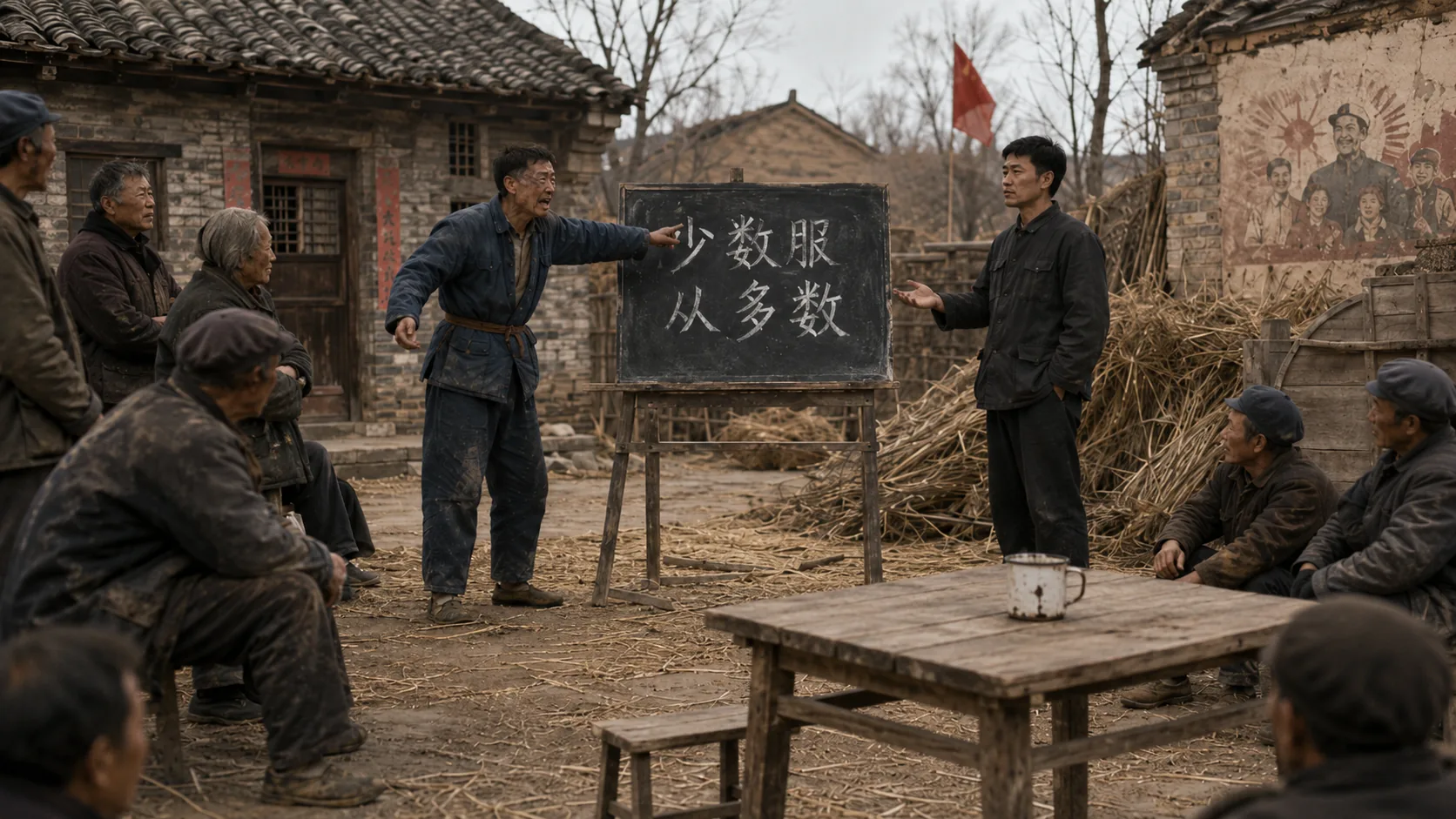二狗站在黑板前情绪激动,大明平静地作总结,场边村民神情各异,破木桌和搪瓷缸摆在一旁准备开会