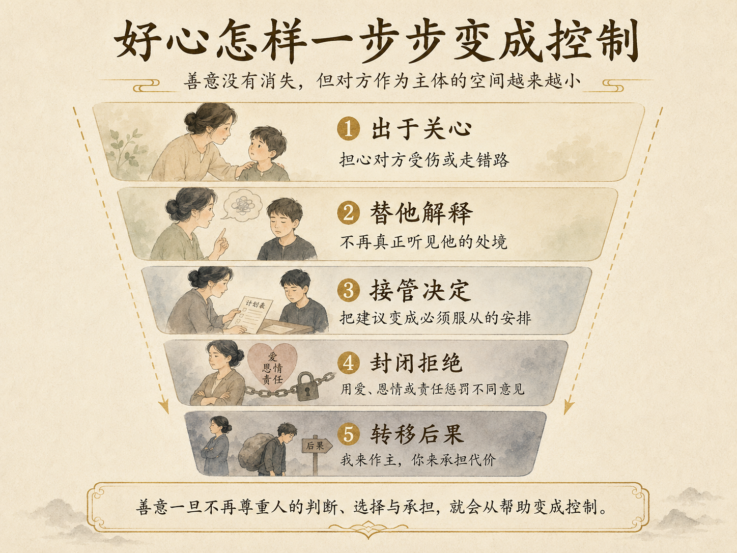 一张分岔道路式淡彩中文概念图,中央以责任范围、真实倾听、风险相称和后果承担四个问题形成边界;左侧通向“责任”,表现必要保护、归还选择和承担后果,右侧通向“控制”,表现扩大权力、惩罚拒绝和转移后果。