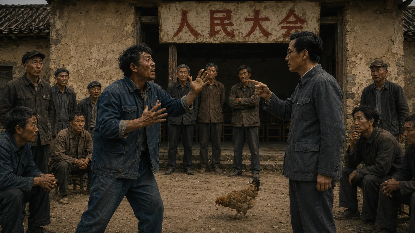 二狗在祠堂外激动辩解,大明冷静追问,门口聚着几位村民,旧墙与牌子映衬出紧张而荒诞的气氛
