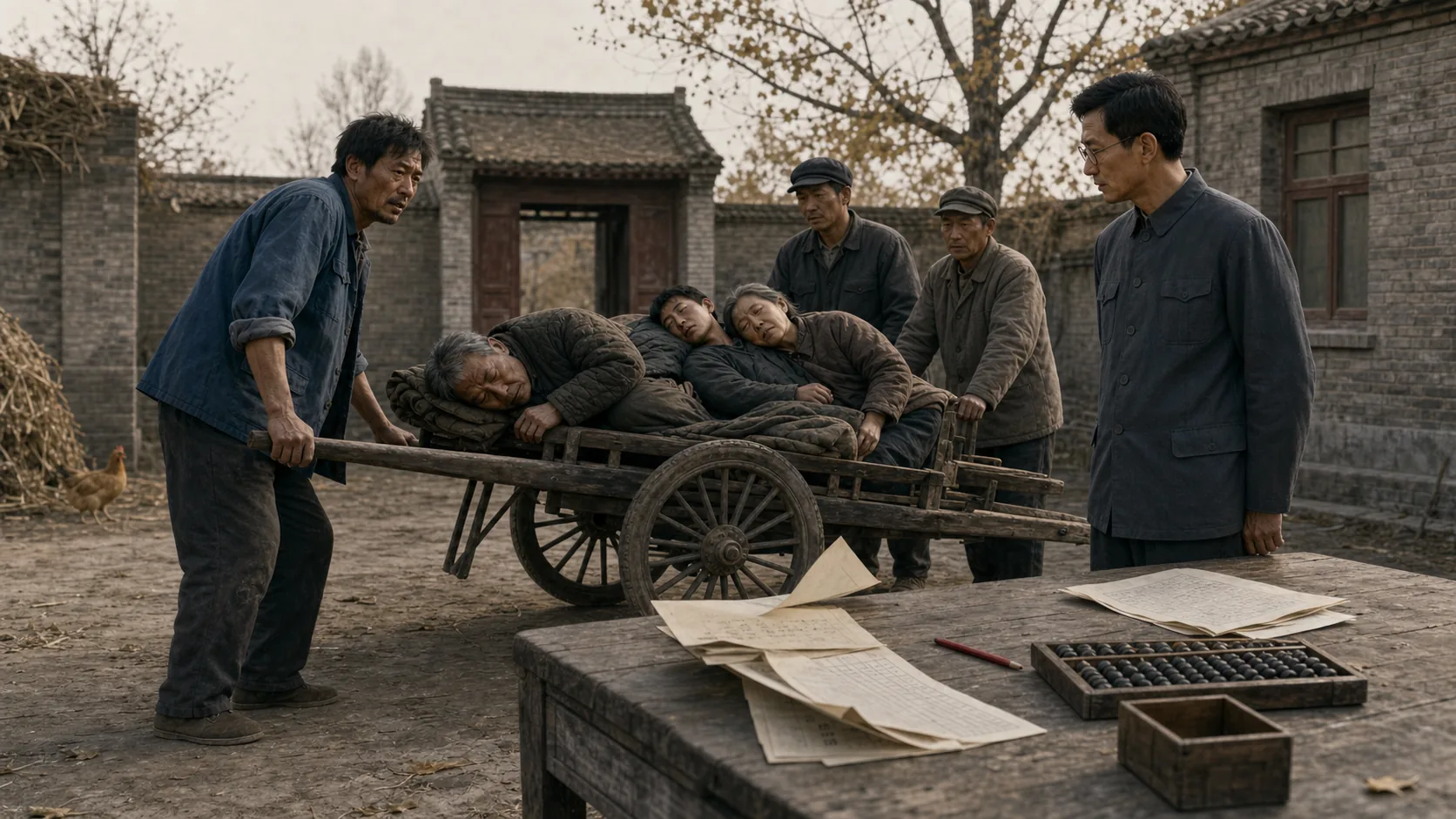 二狗拉着一辆木板车停在村委会院内,车上躺着三名面色虚弱的村民,大明站在长桌旁看向他们。
