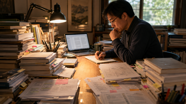 一位中年东亚男性写作者坐在暖光书房的书桌前思考和写作，桌面两侧堆满书籍、打印资料、便签和草稿，中央只留下较窄的工作区域，表现内容丰富却容易挤压文章主线的写作状态。