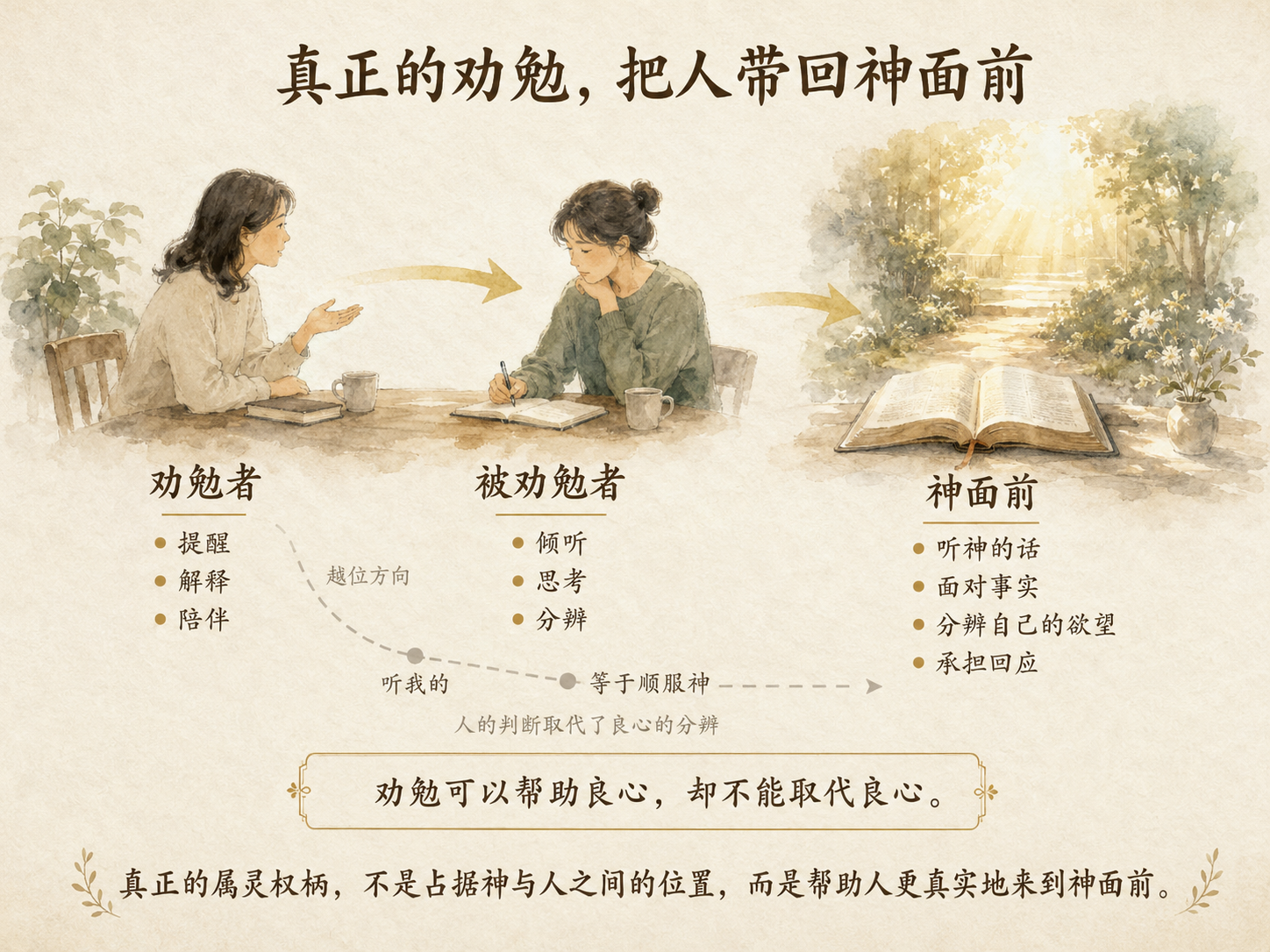 一张淡彩中文关系概念图，左侧为劝勉者，标有提醒、解释、陪伴；中间为被劝勉者，标有倾听、思考、分辨；右侧为“神面前”，以打开的圣经和通向光中的道路表现，并标有听神的话、面对事实、分辨自己的欲望和承担回应；下方另有一条淡灰色越位支线，显示“听我的”等于“顺服神”，表示人的判断取代了良心的分辨。
