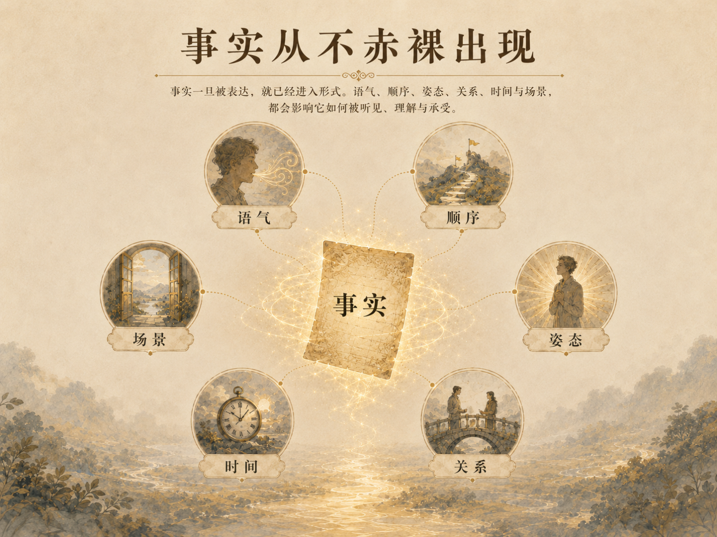 一张以“事实”为中心的概念图，周围连接语气、顺序、姿态、关系、时间和场景六个要素，说明事实总是在特定形式中出现。