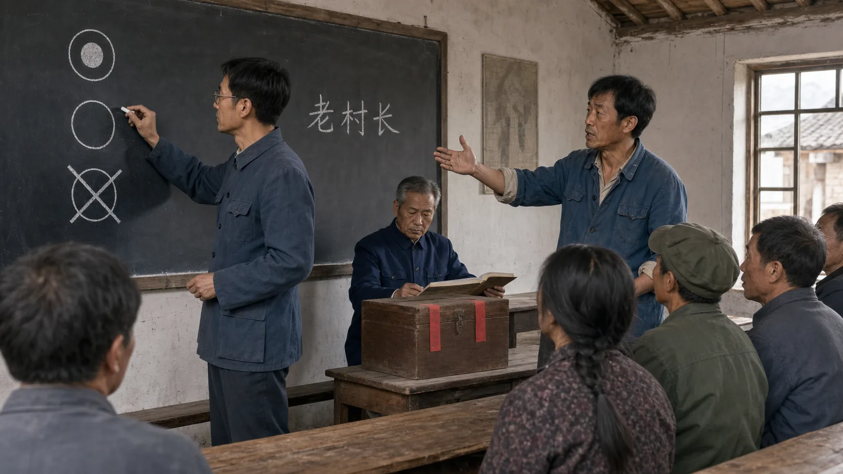 大明在黑板左侧写下圆圈、空白和叉号三种验票示例,二狗站在一旁向村民说明规则,老村长坐在封好的木票箱后查看名册