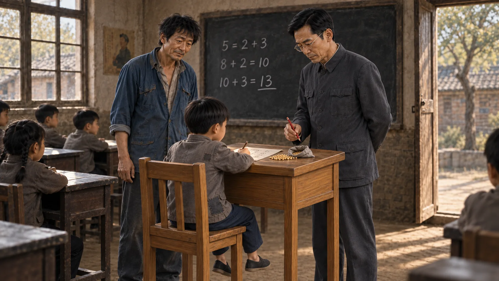 村小学里，小满面前放着算术试卷和豆子，黑板留着加法步骤；大明拿着红铅笔，二狗站在桌边