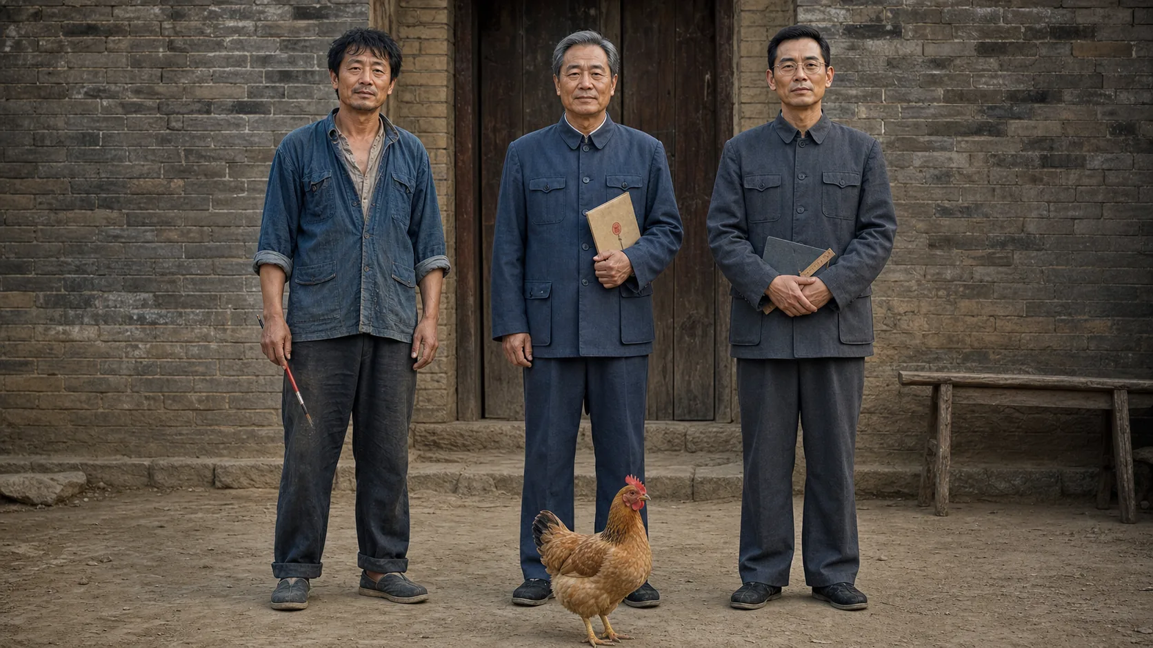 旧砖墙和木门前，二狗拿着细长的刷子站在左侧，村长手持文件夹站在中间，戴眼镜的大明抱着本子和木尺站在右侧，一只黄褐色鸡停在三人前方。