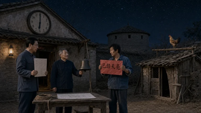 满天星光下，村委会院中的大钟指向六点，村长站在出工铃旁，二狗举着写有“已经天亮”的红字通知，大明拿着标准时间表，黄褐色公鸡站在鸡窝横木上闭着嘴望向天空