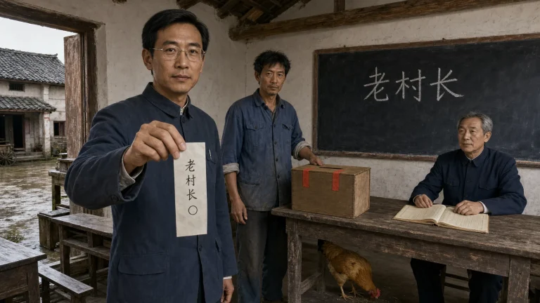 村小学改成的投票处里，黑板上只有老村长一个候选人姓名，二狗站在封好的木票箱旁，大明拿着单一候选人的选票，老村长坐在长桌后，黄褐色公鸡在桌下觅食
