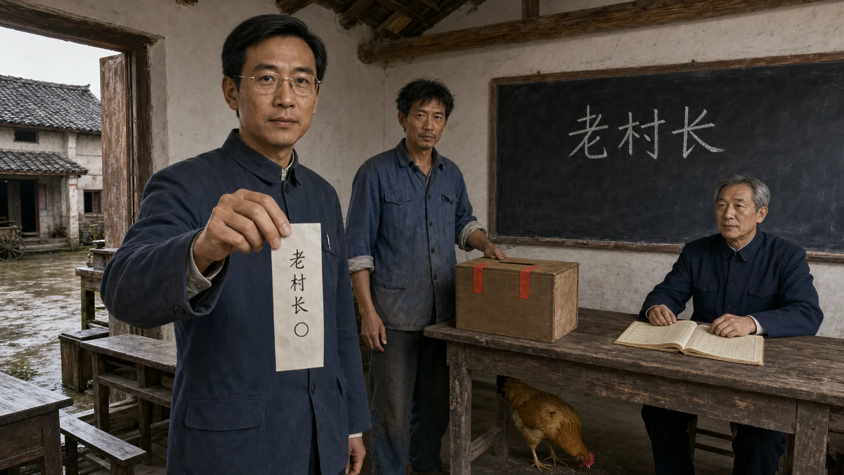 村小学改成的投票处里，黑板上只有老村长一个候选人姓名，二狗站在封好的木票箱旁，大明拿着单一候选人的选票，老村长坐在长桌后，黄褐色公鸡在桌下觅食