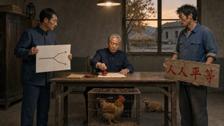 村委会处理桌前，黄褐色公鸡被关在铁丝笼里，挂着粮仓管理木牌的黄鼠狼蹲在桌后，大明展开分岔处理图，二狗扶着人人平等木牌，村长正在决定书上盖章