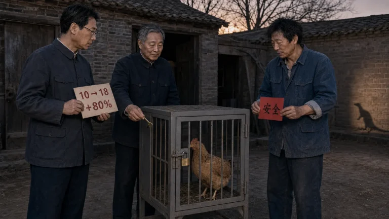 暮色中的村委会院内，铁鸡笼居中，黄褐色母鸡在笼内用喙推着只能向外开的门，二狗在笼外举着写有“安全”的红纸，大明展示标有“+80%”的风险表，村长手持黄铜钥匙，远处墙角出现黄鼠狼的细长影子