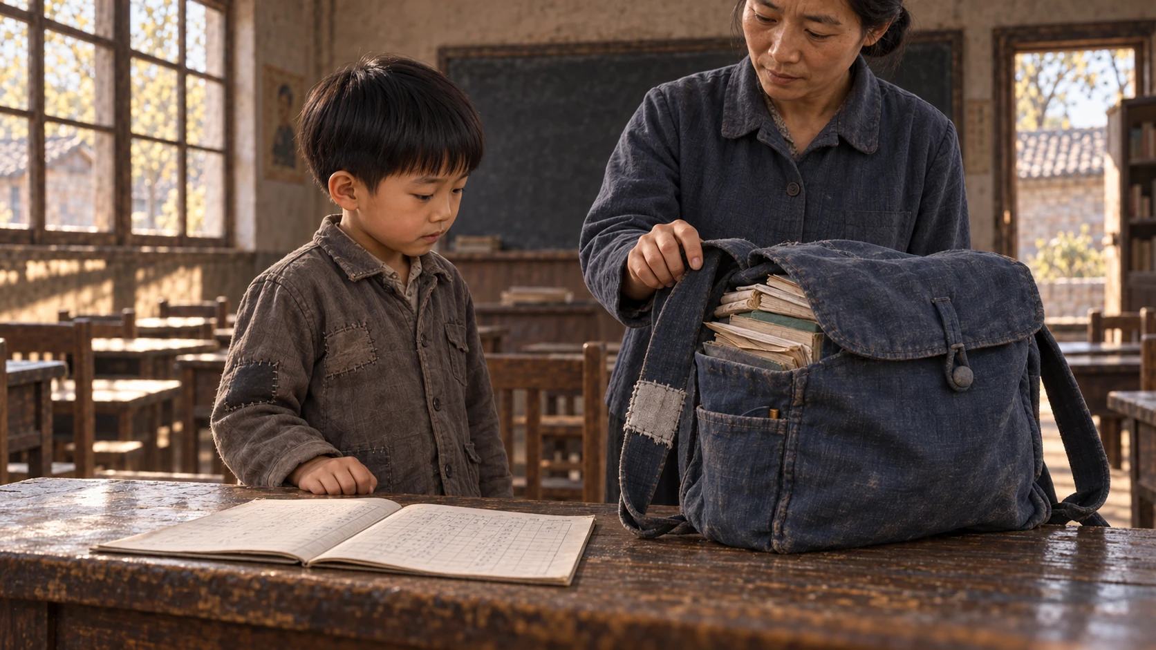 村小学的木讲台上摊着一本薄登记簿，旁边是装满课本和旧练习簿的蓝布书包，小满站在讲台边，母亲的手扶着书包背带